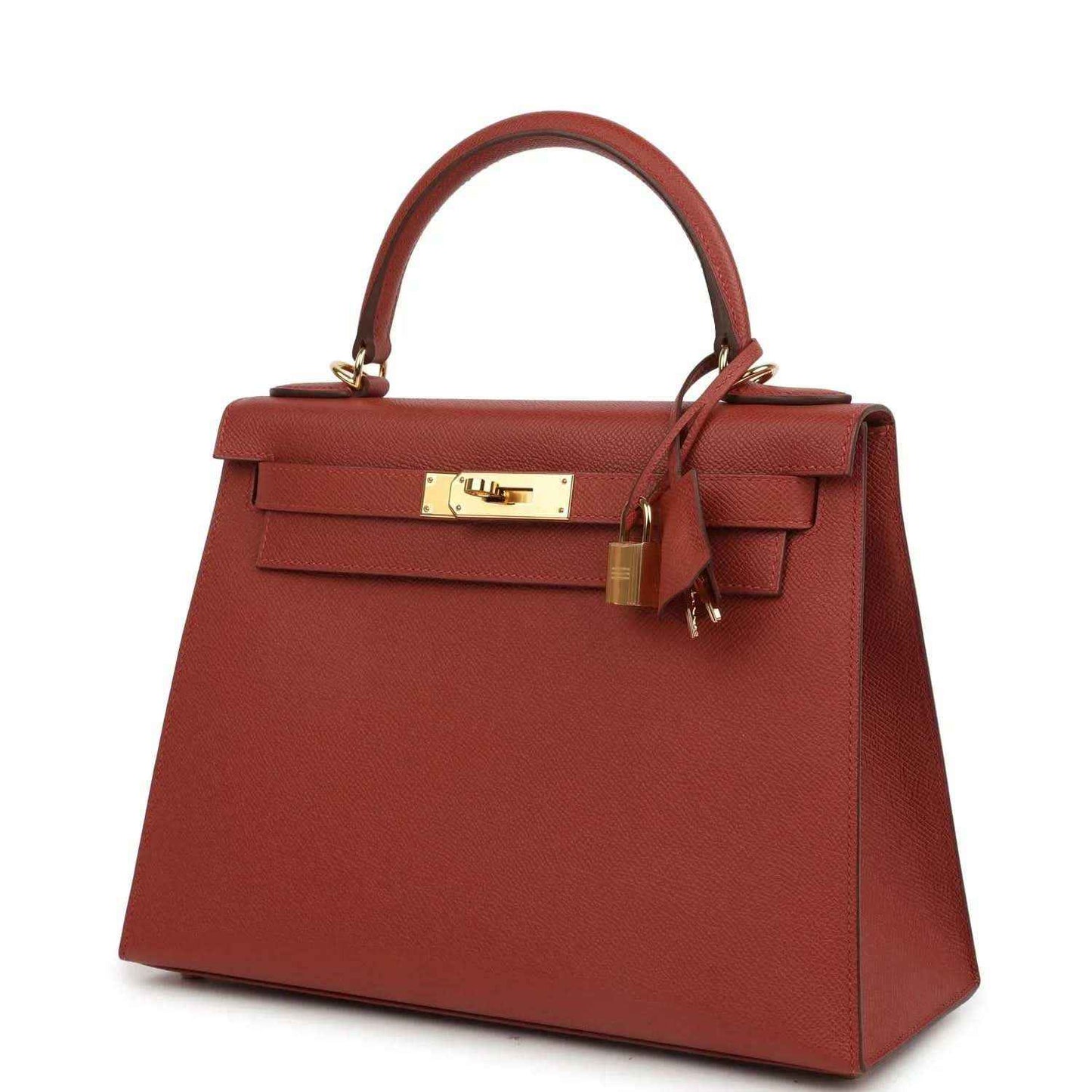Red Kelly handbag front view with gold lock hardware and top handle strap