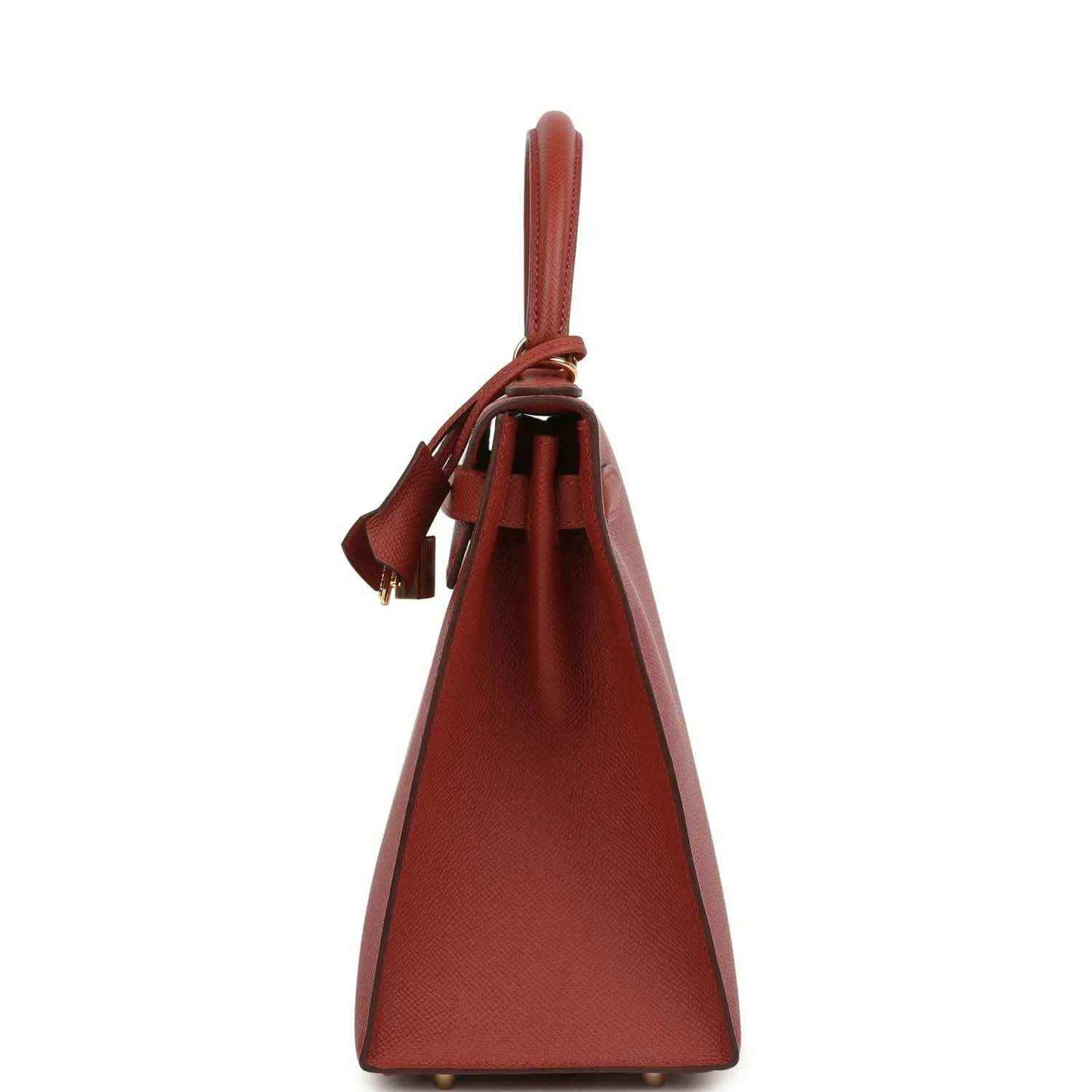 Red Kelly handbag back view with hanging leather tassels and gold feet