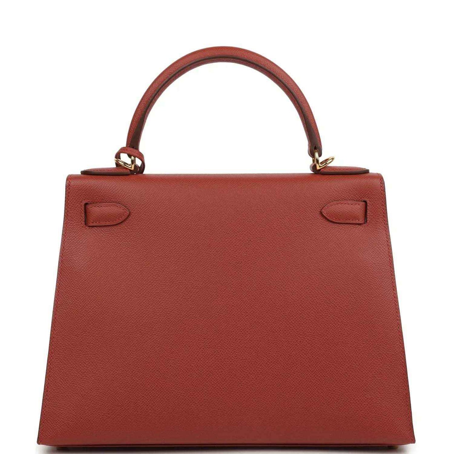 Red Kelly handbag back panel with top handle and leather strap loops
