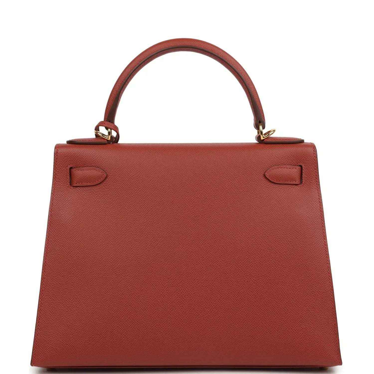 Red Kelly handbag back panel with top handle and leather strap loops