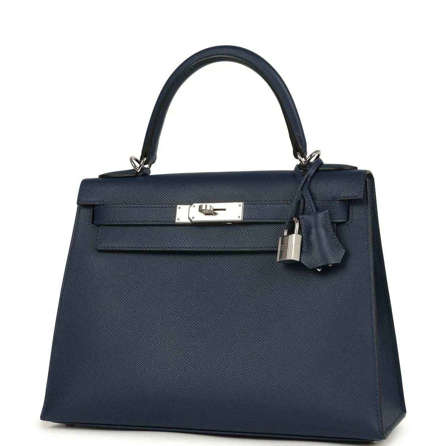 Hermes Kelly Sellier 28 handbag in dark blue pebbled leather with front flap and lock