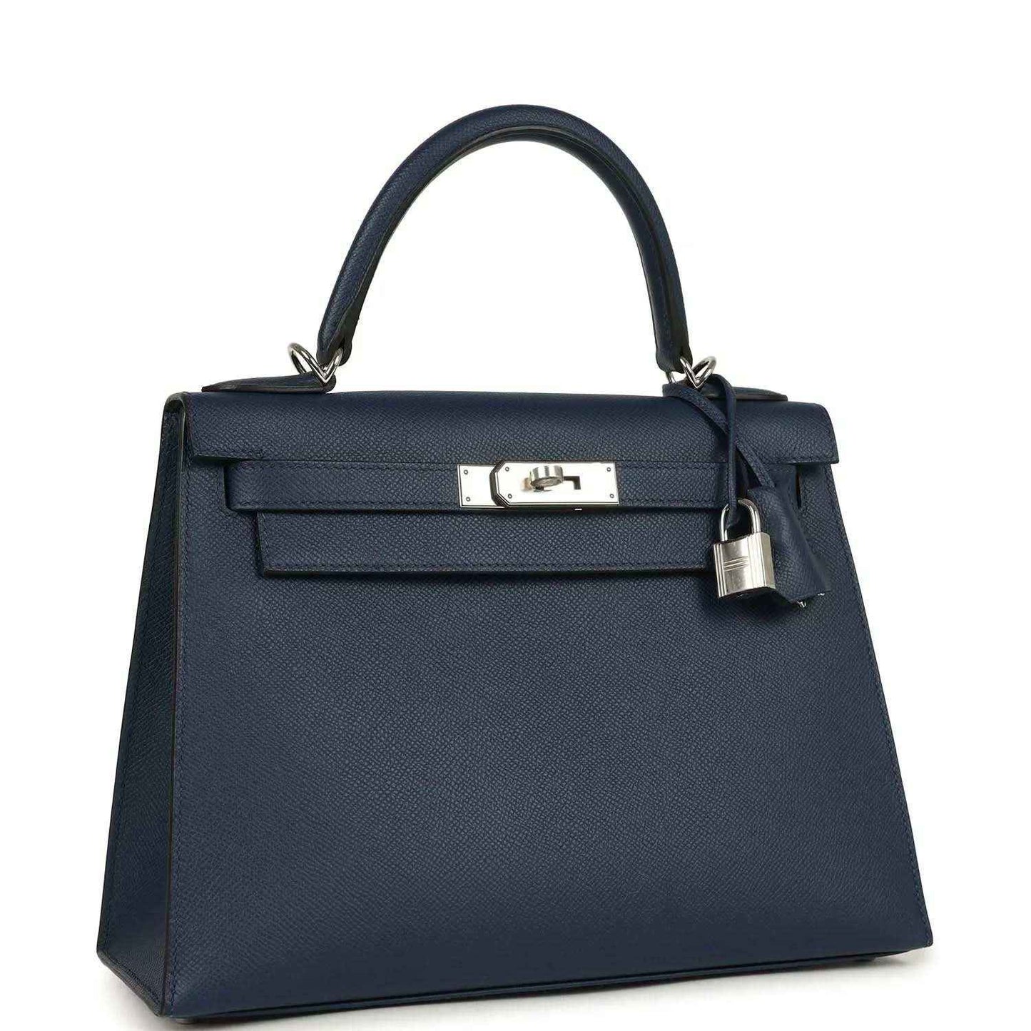 Hermes Kelly Sellier 28 handbag in dark blue pebbled leather with top handle and lock detail