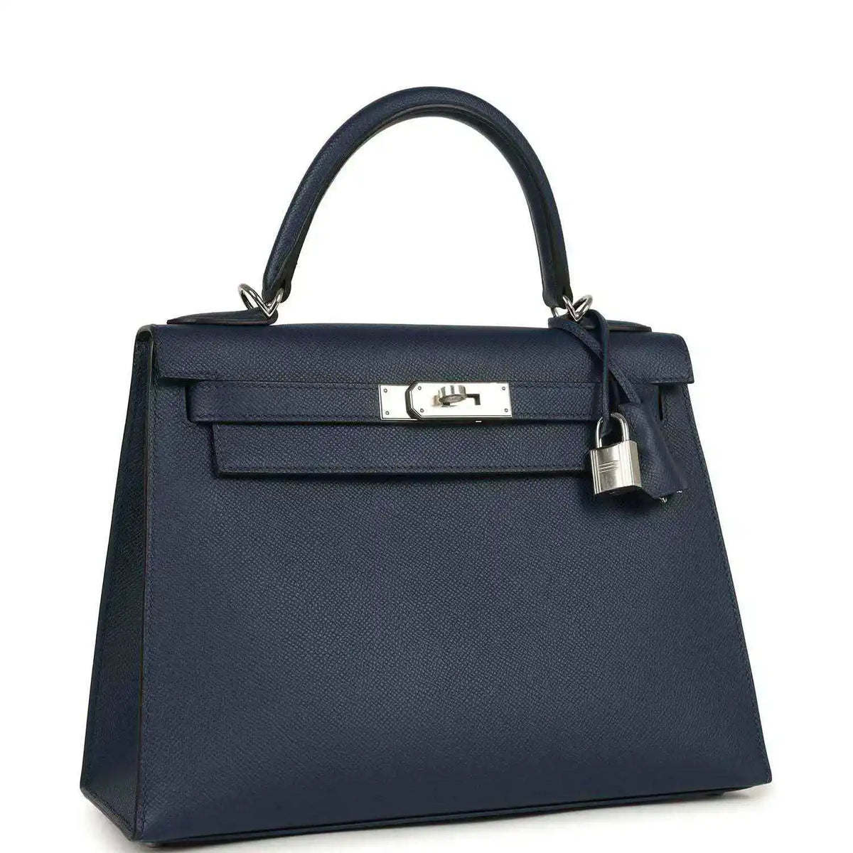 Hermes Kelly Sellier 28 handbag in dark blue pebbled leather with top handle and lock detail