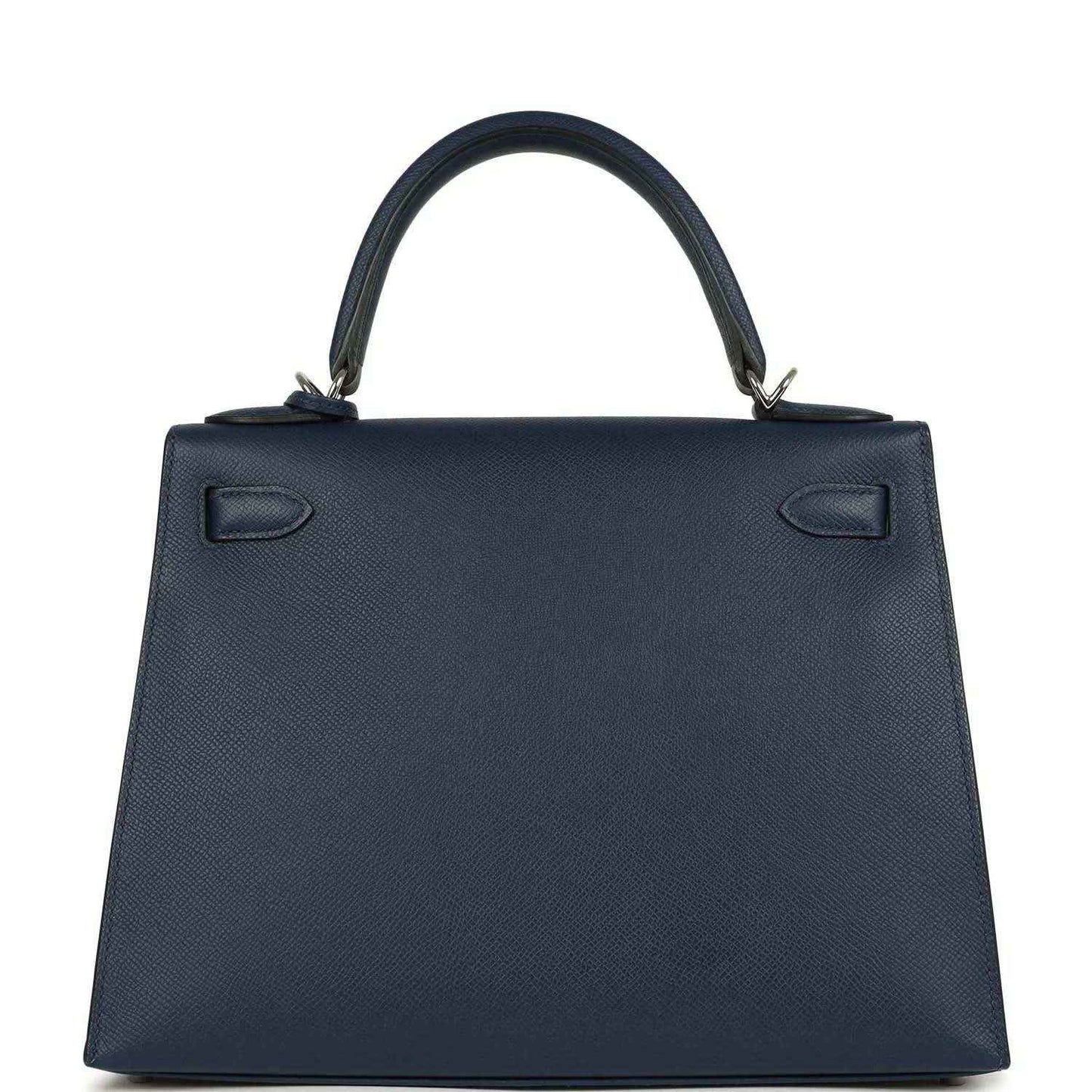 Hermes Kelly Sellier 28 handbag back view in dark blue pebbled leather with top handles