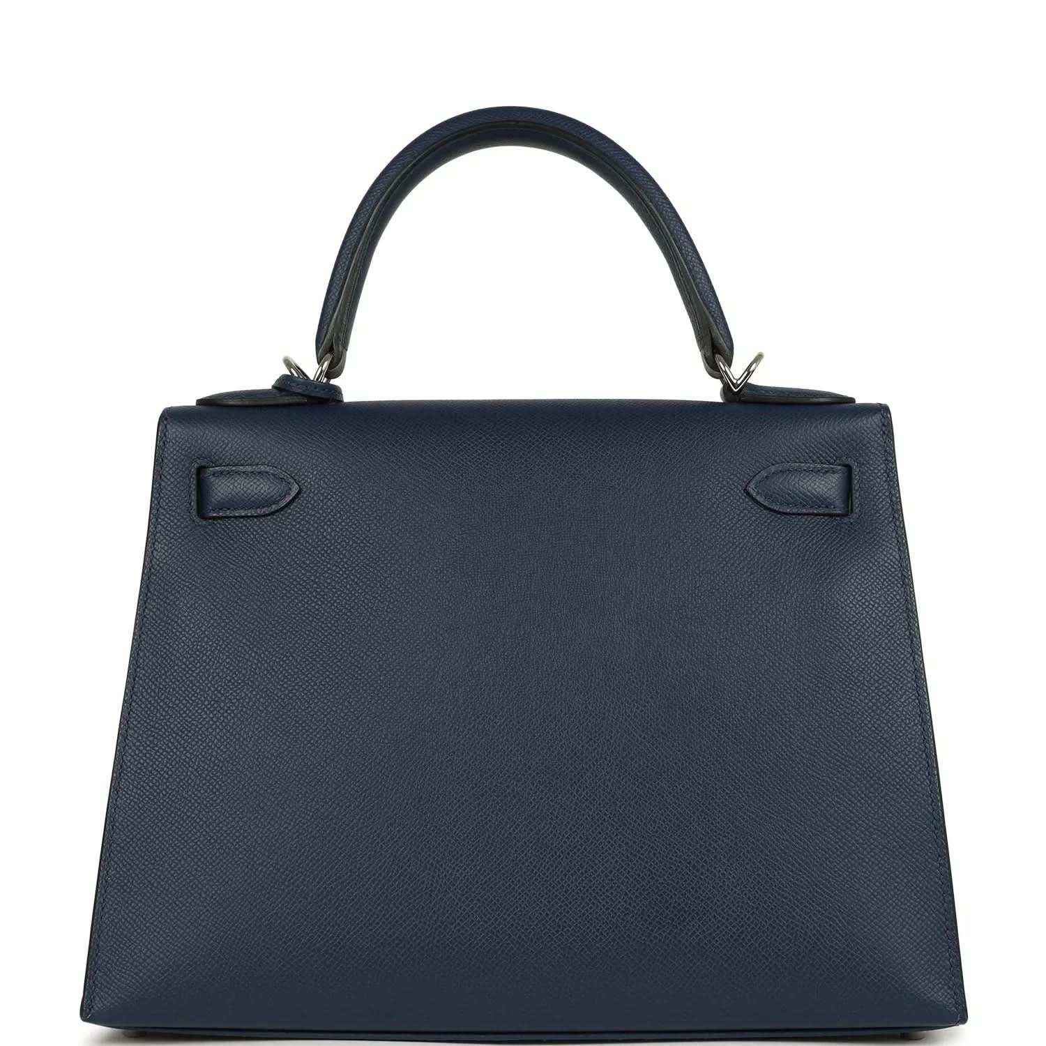 Hermes Kelly Sellier 28 handbag back view in dark blue pebbled leather with top handles