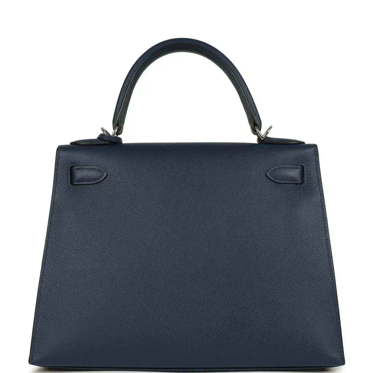 Hermes Kelly Sellier 28 handbag back view in dark blue pebbled leather with top handles