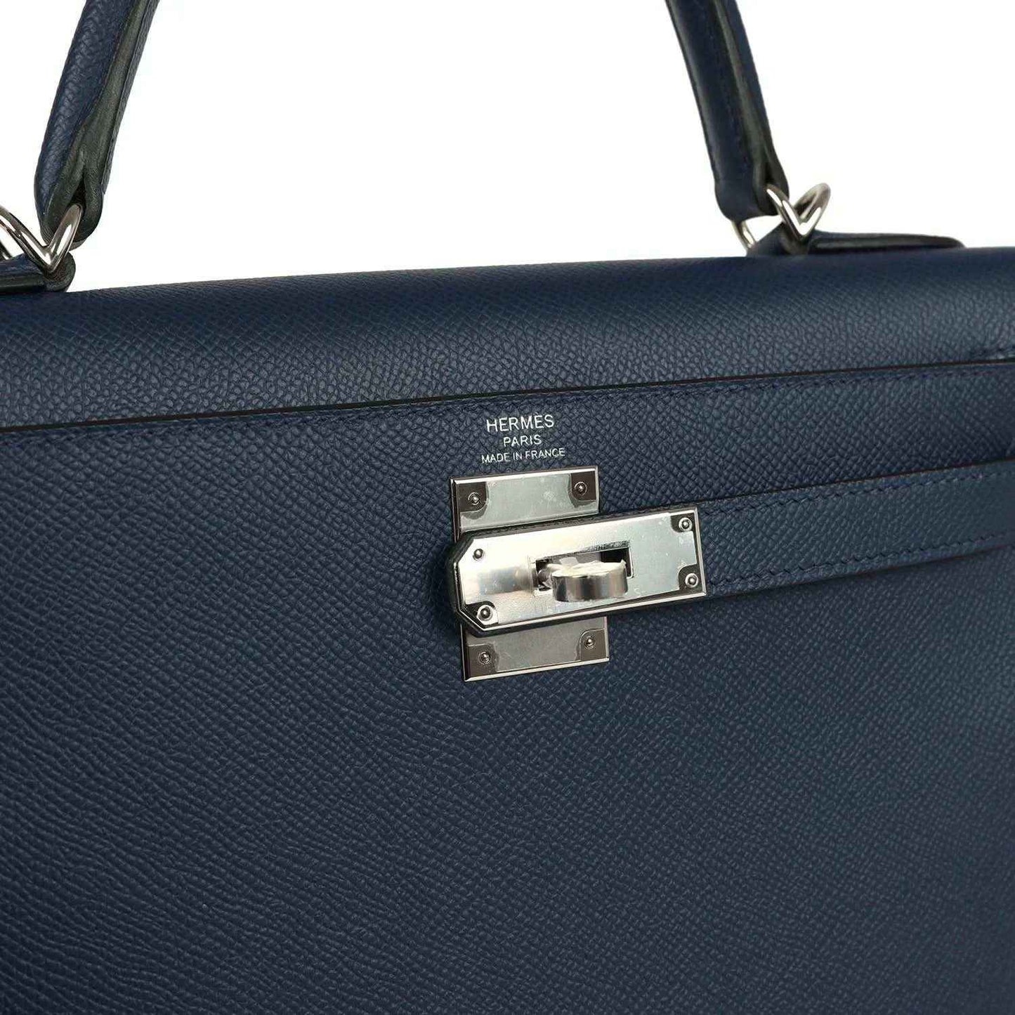 Hermes Kelly Sellier 28 handbag front clasp, dark blue pebbled leather with silver plate