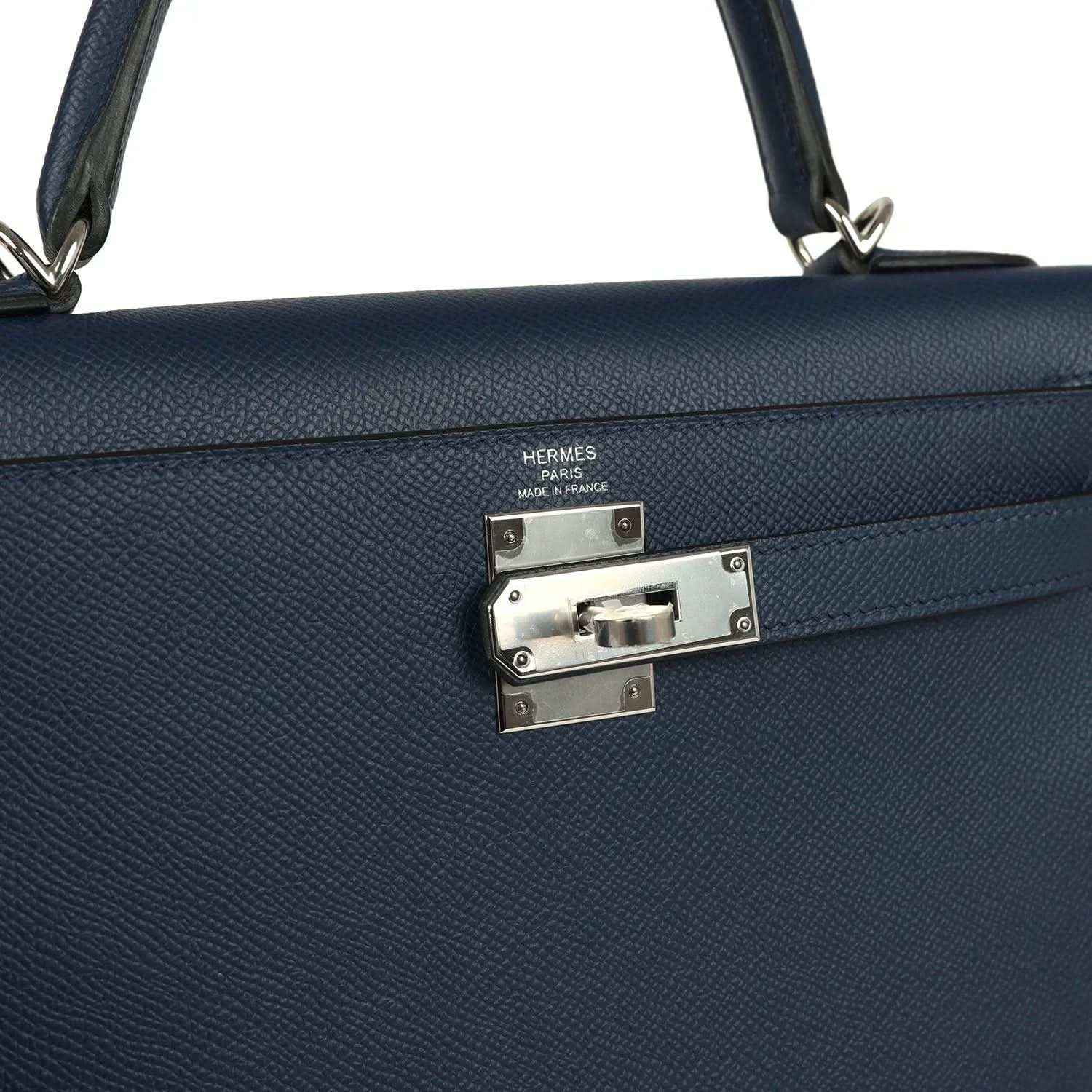 Hermes Kelly Sellier 28 handbag front clasp, dark blue pebbled leather with silver plate