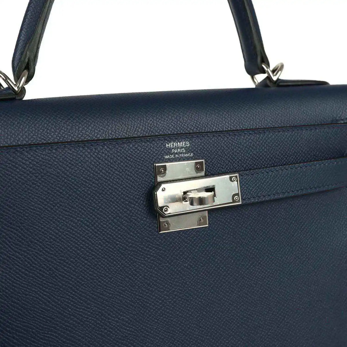 Hermes Kelly Sellier 28 handbag front clasp, dark blue pebbled leather with silver plate