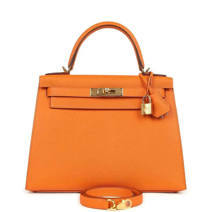 Orange Epsom leather Kelly handbag with front flap lock and gold-tone hardware
