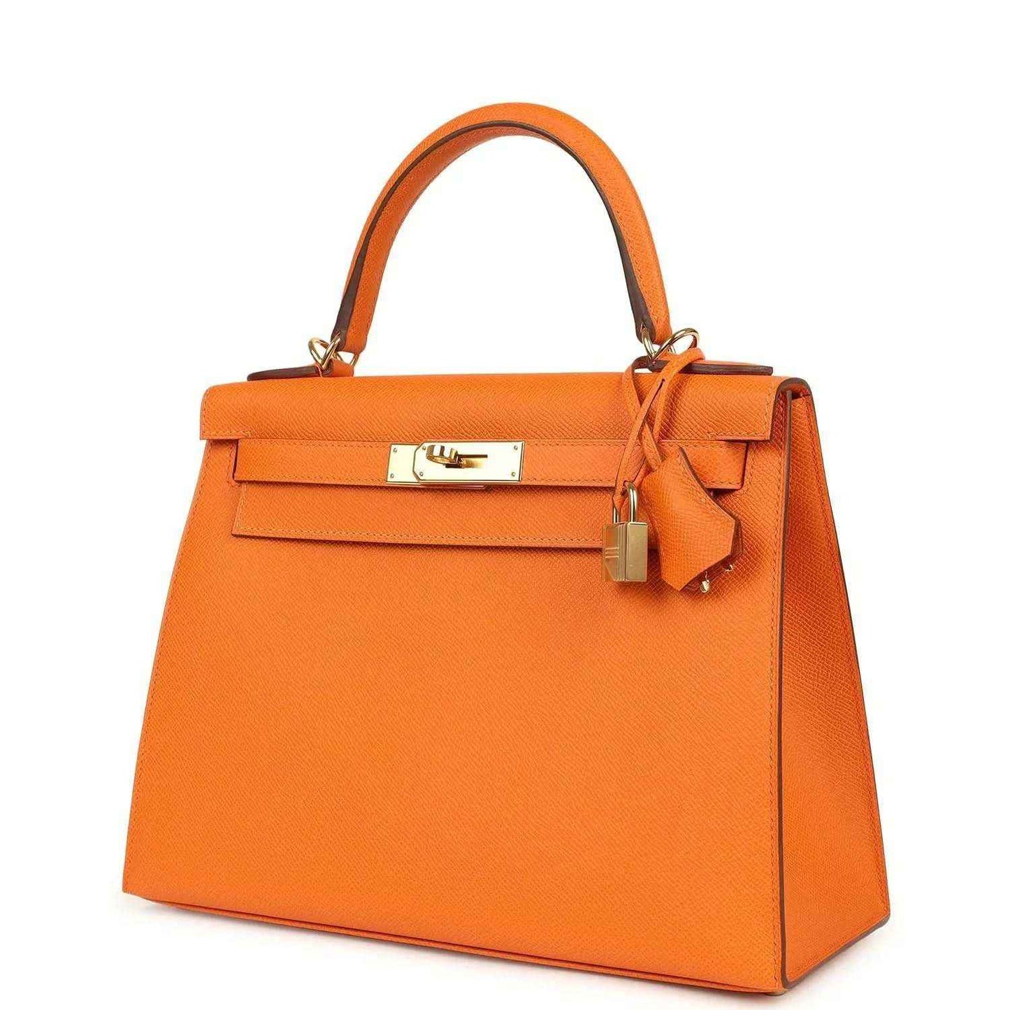 Orange Epsom leather Kelly handbag front view with lock, top handle, and gold hardware