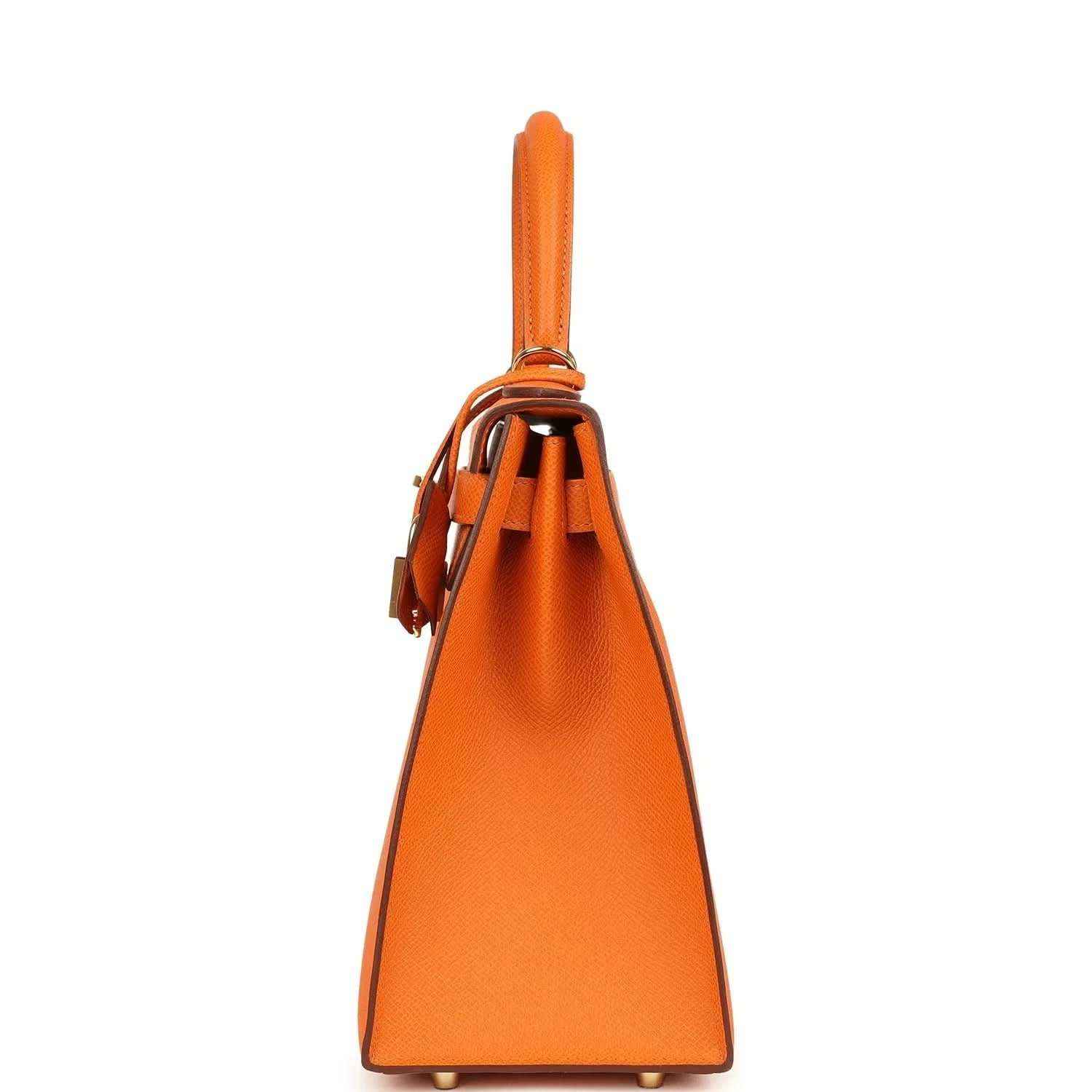 Orange Epsom leather Kelly handbag side view with top handle and strap tabs