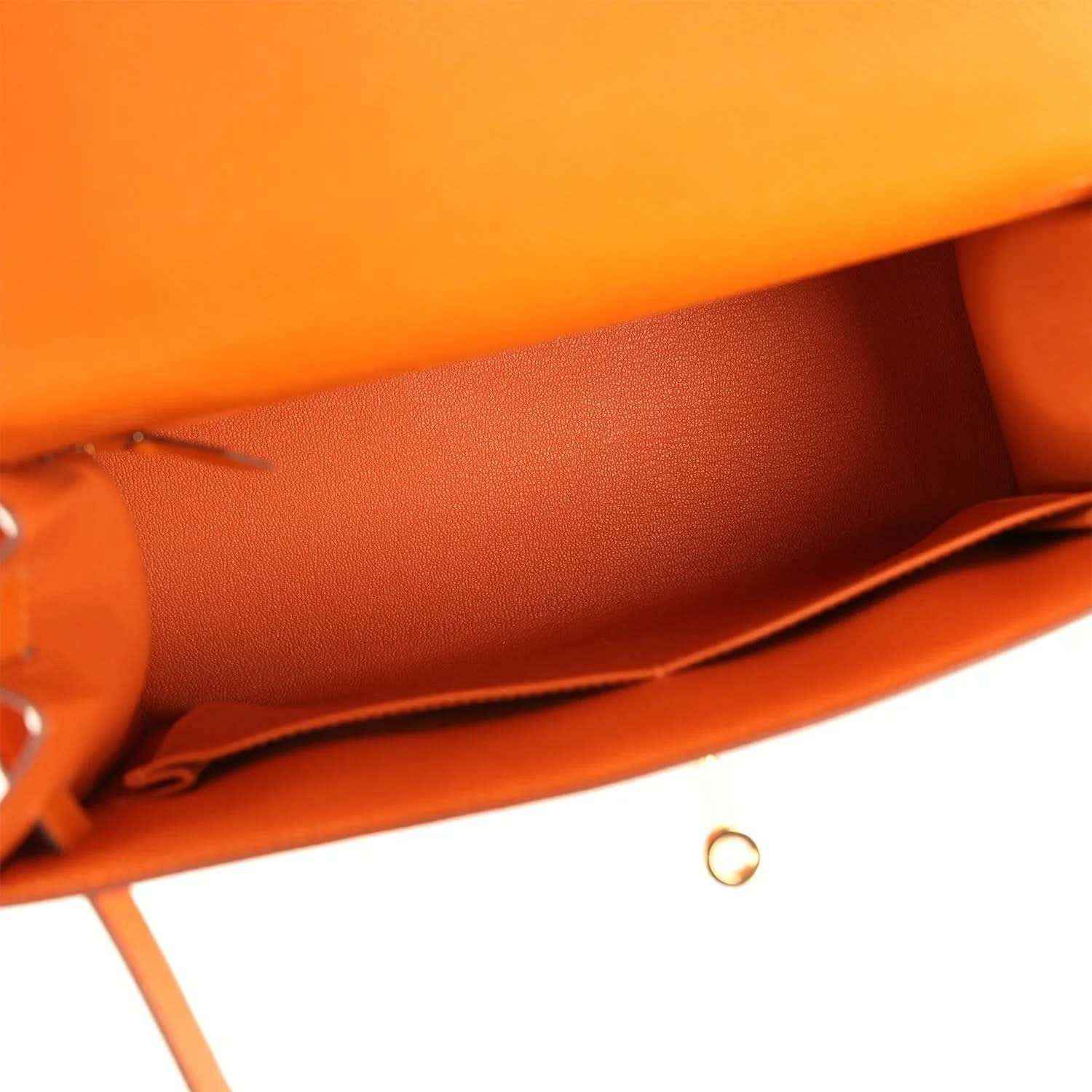 Orange Epsom leather handbag interior with visible seam and lining