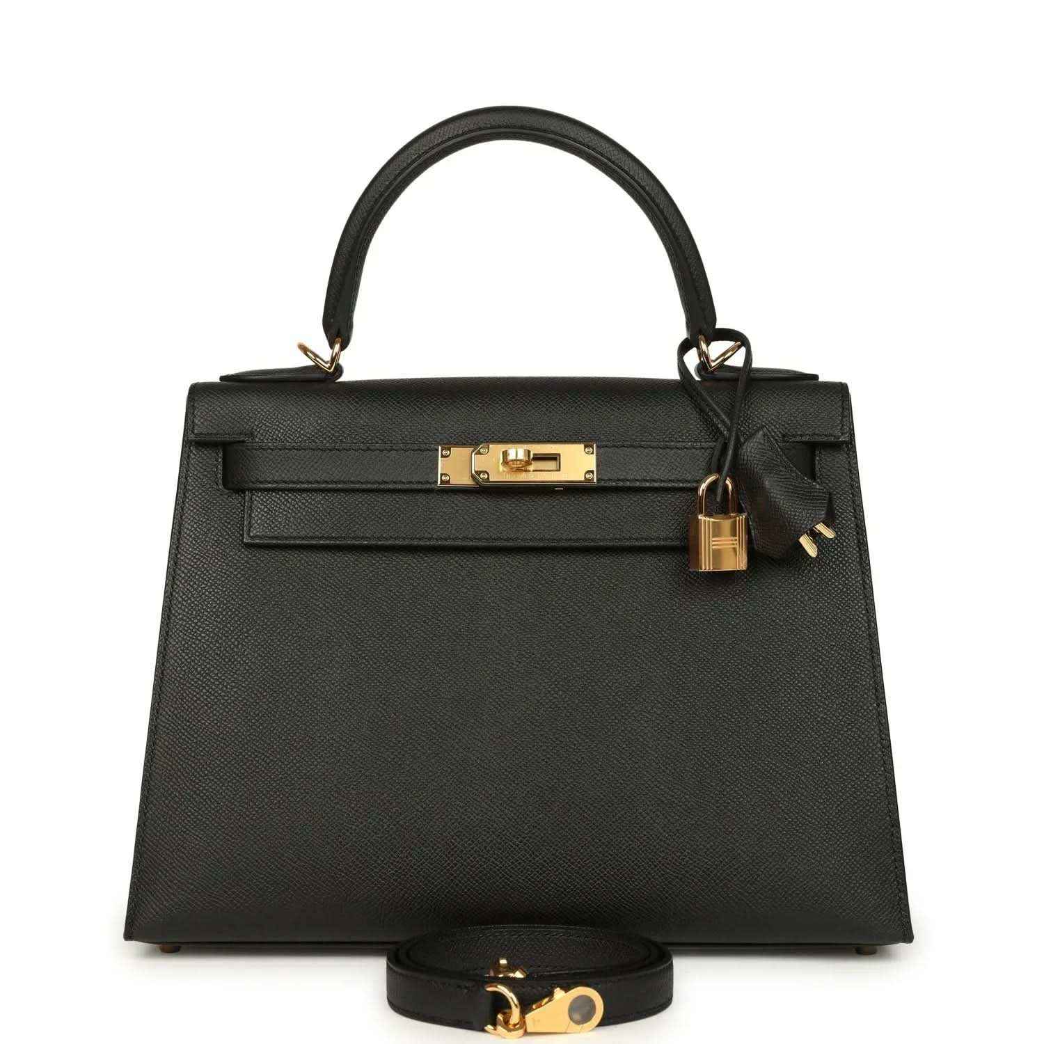 Black structured handbag with gold-tone turn-lock and top handles