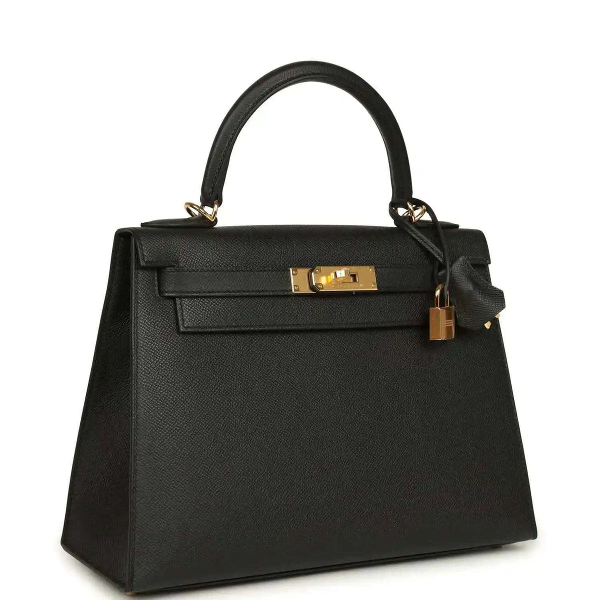 Black structured handbag with gold-tone front clasp and top handles