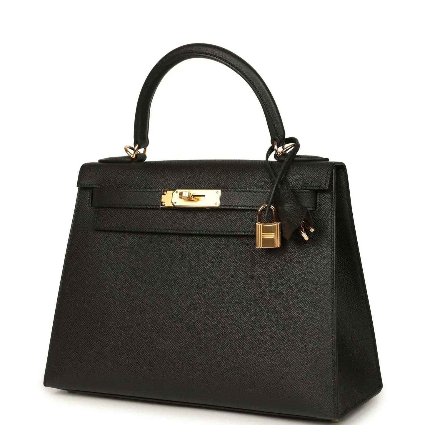 Black structured handbag with gold-tone front clasp and top handles