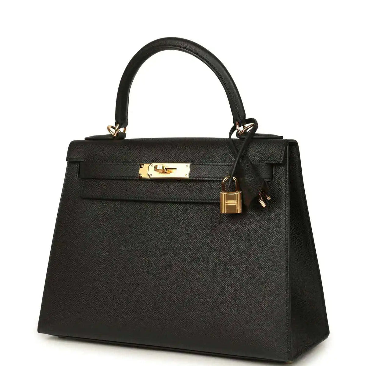 Black structured handbag with gold-tone front clasp and top handles
