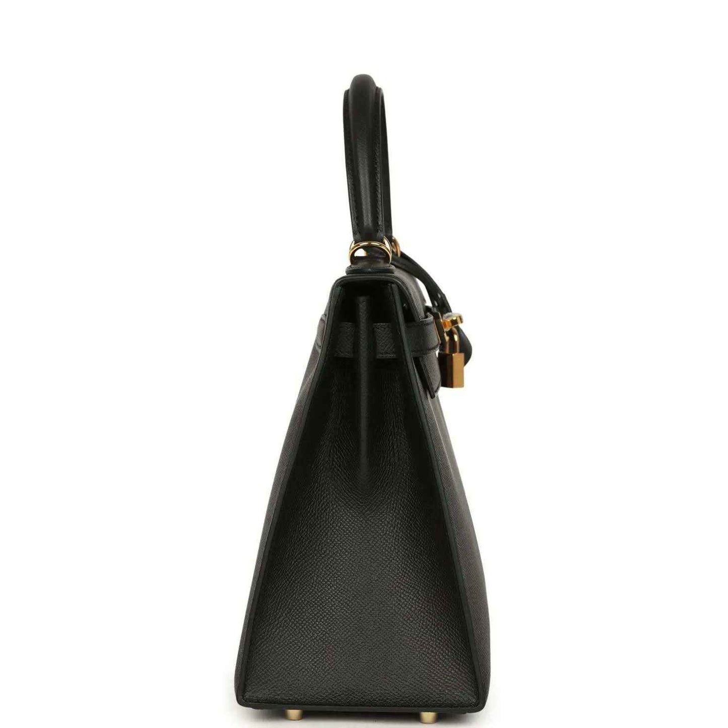 Black leather handbag side view with gold-tone hardware and top handle