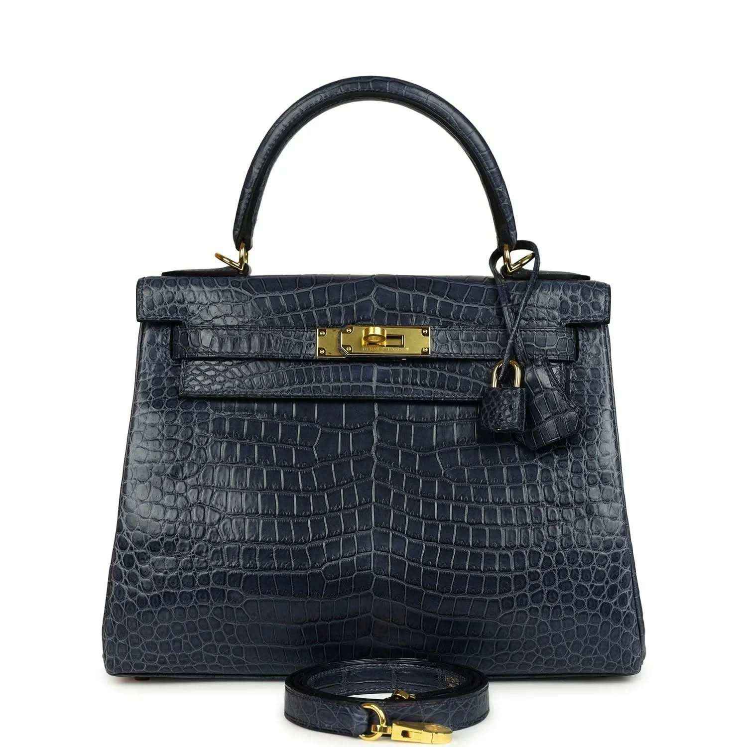 Hermès Kelly Retourne 28 top-handle bag, matte croc-embossed dark blue, gold hardware