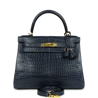 Hermès Kelly Retourne 28 top-handle bag, matte croc-embossed dark blue, gold hardware