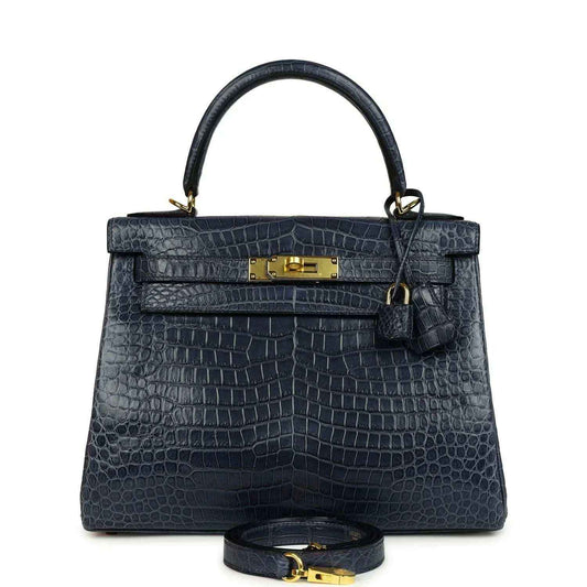Hermès Kelly Retourne 28 top-handle bag, matte croc-embossed dark blue, gold hardware