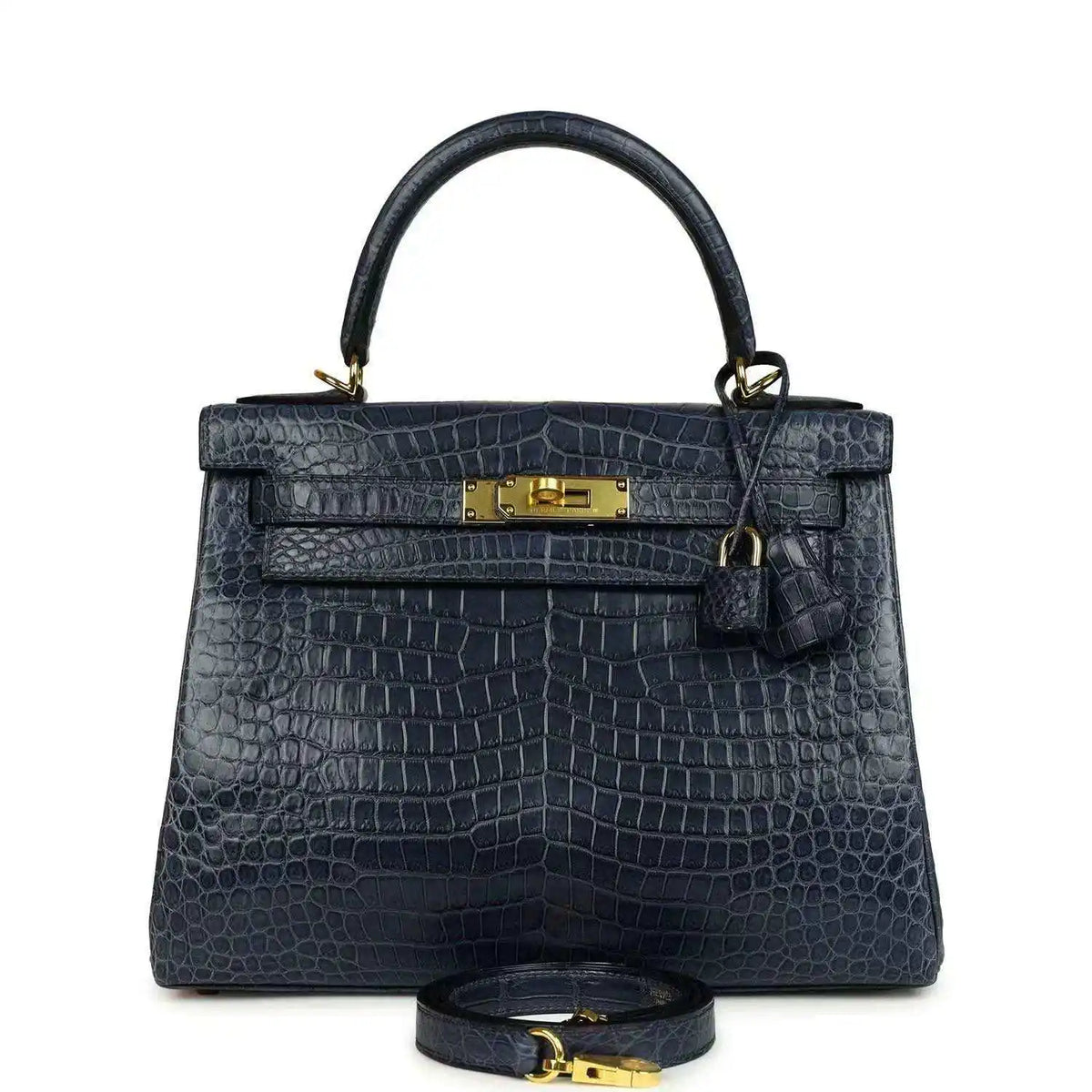 Hermès Kelly Retourne 28 top-handle bag, matte croc-embossed dark blue, gold hardware