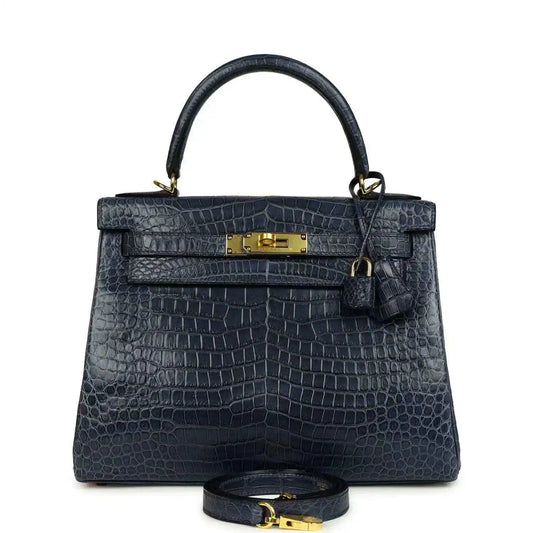 Hermès Kelly Retourne 28 top-handle bag, matte croc-embossed dark blue, gold hardware