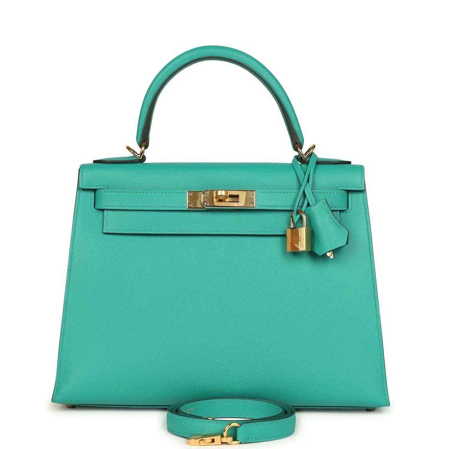 Green leather Kelly-style handbag with top handle, front flap and gold turn-lock hardware.