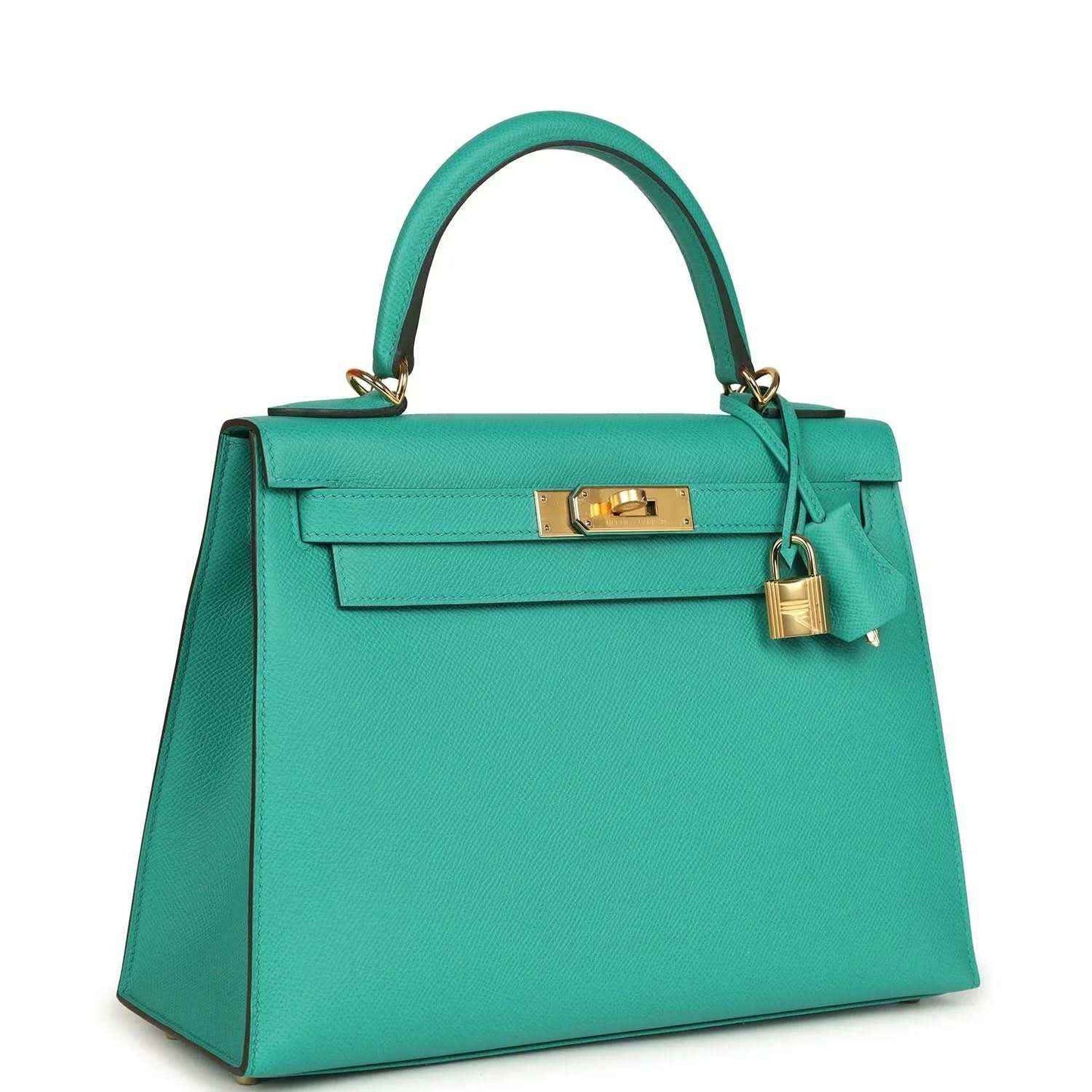 Green leather Kelly-style handbag with top handle, front flap and gold hardware.