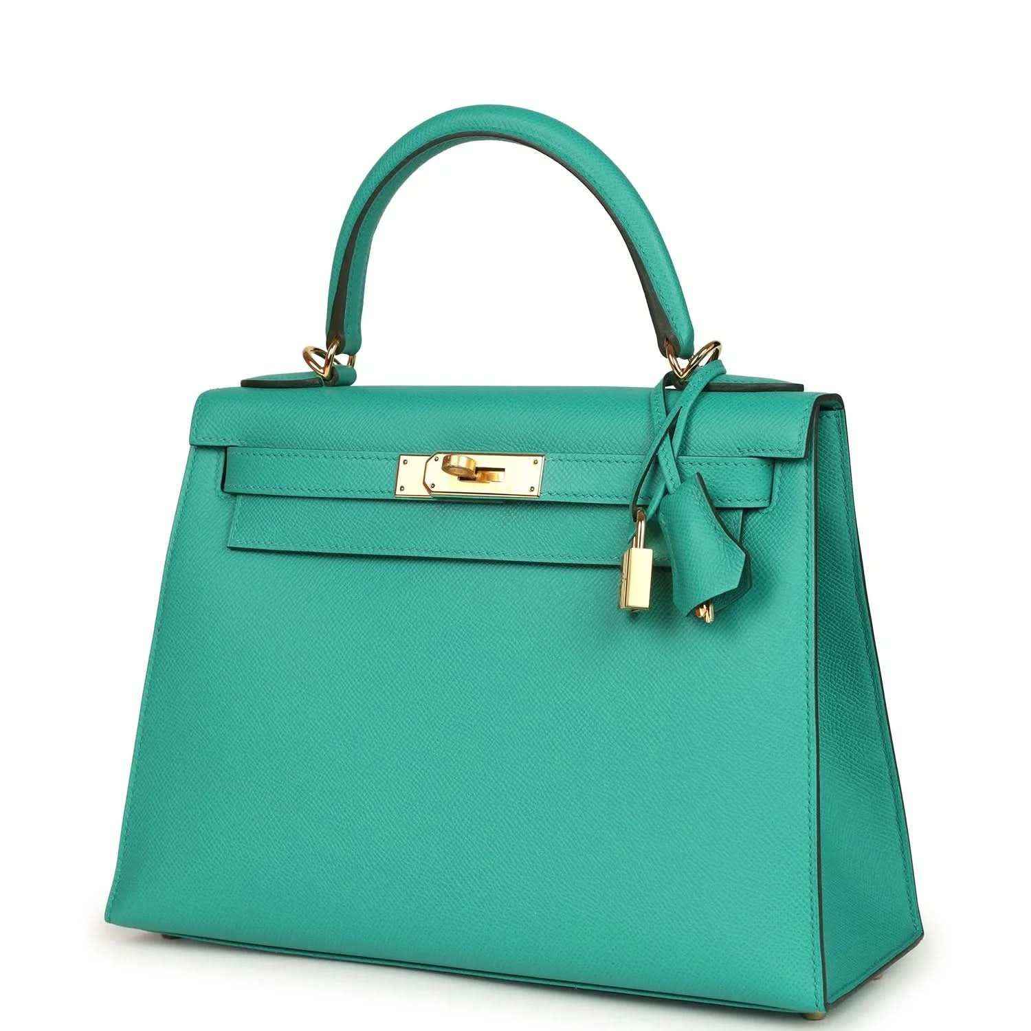 Green leather Kelly-style handbag with gold turn-lock, top handle and hanging strap detail.