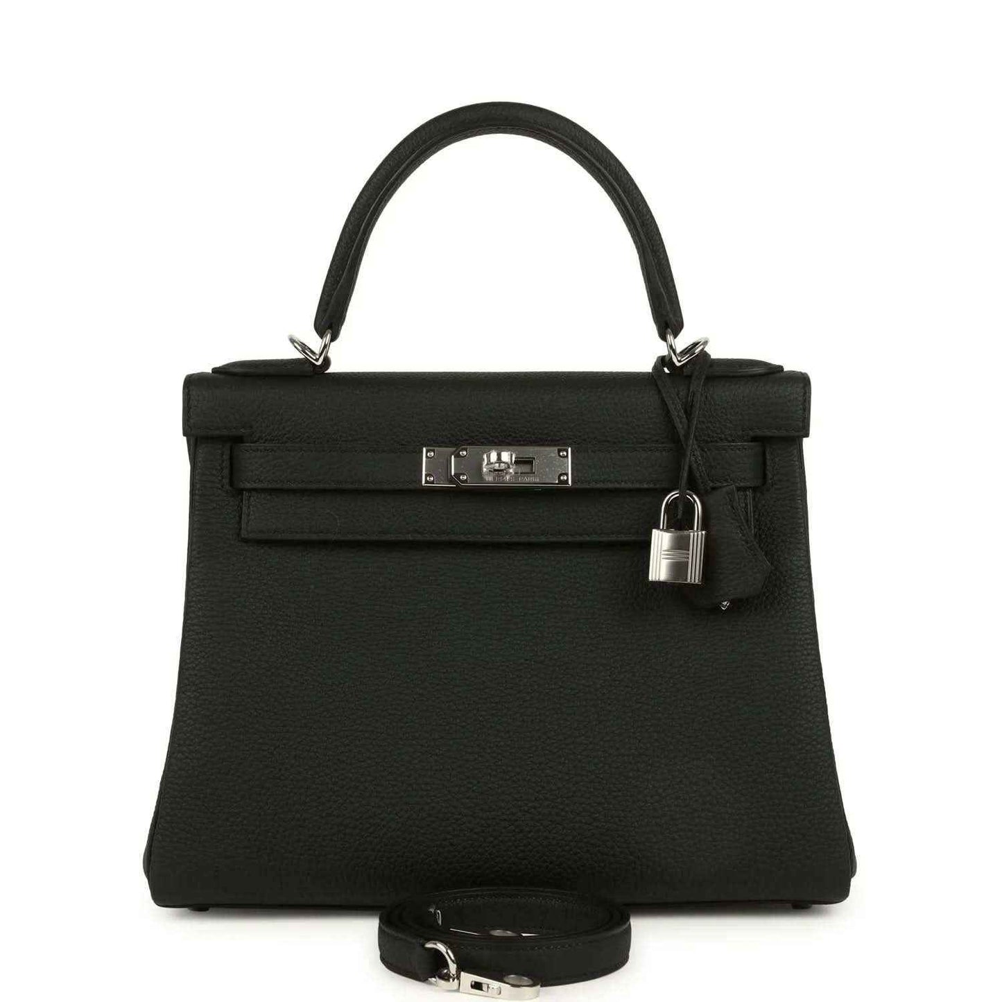 Black Togo leather Kelly bag with palladium-tone clasp and shoulder strap