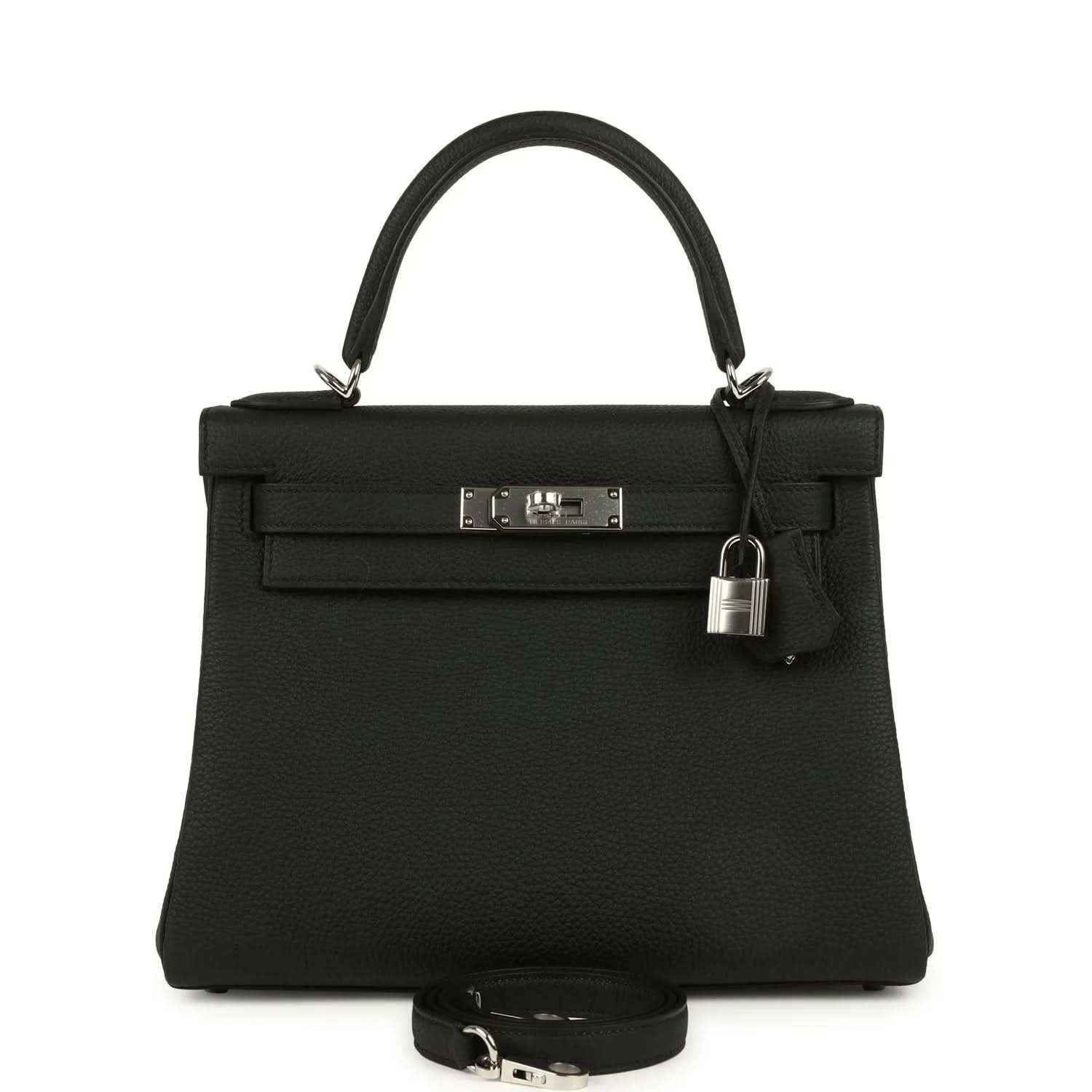 Black Togo leather Kelly bag with palladium-tone clasp and shoulder strap