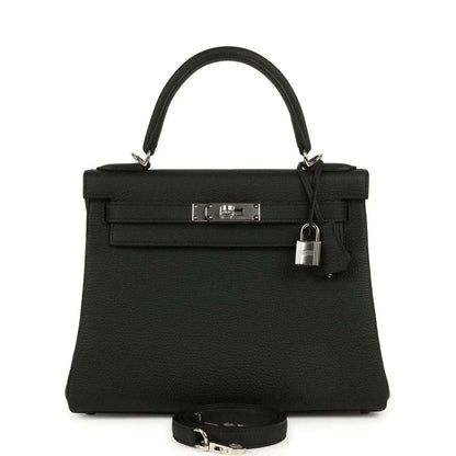Black Togo leather Kelly bag with palladium-tone clasp and shoulder strap