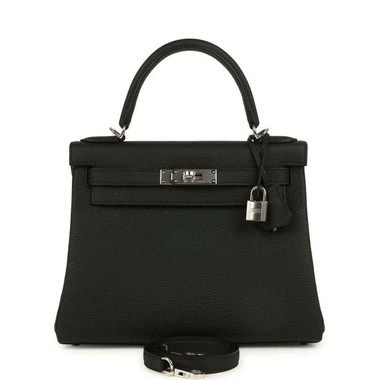 Black Togo leather Kelly bag with palladium-tone clasp and shoulder strap