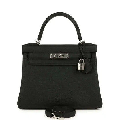 Black Togo leather Kelly bag with palladium-tone clasp and shoulder strap