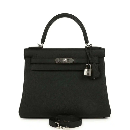 Black Togo leather Kelly bag with palladium-tone clasp and shoulder strap