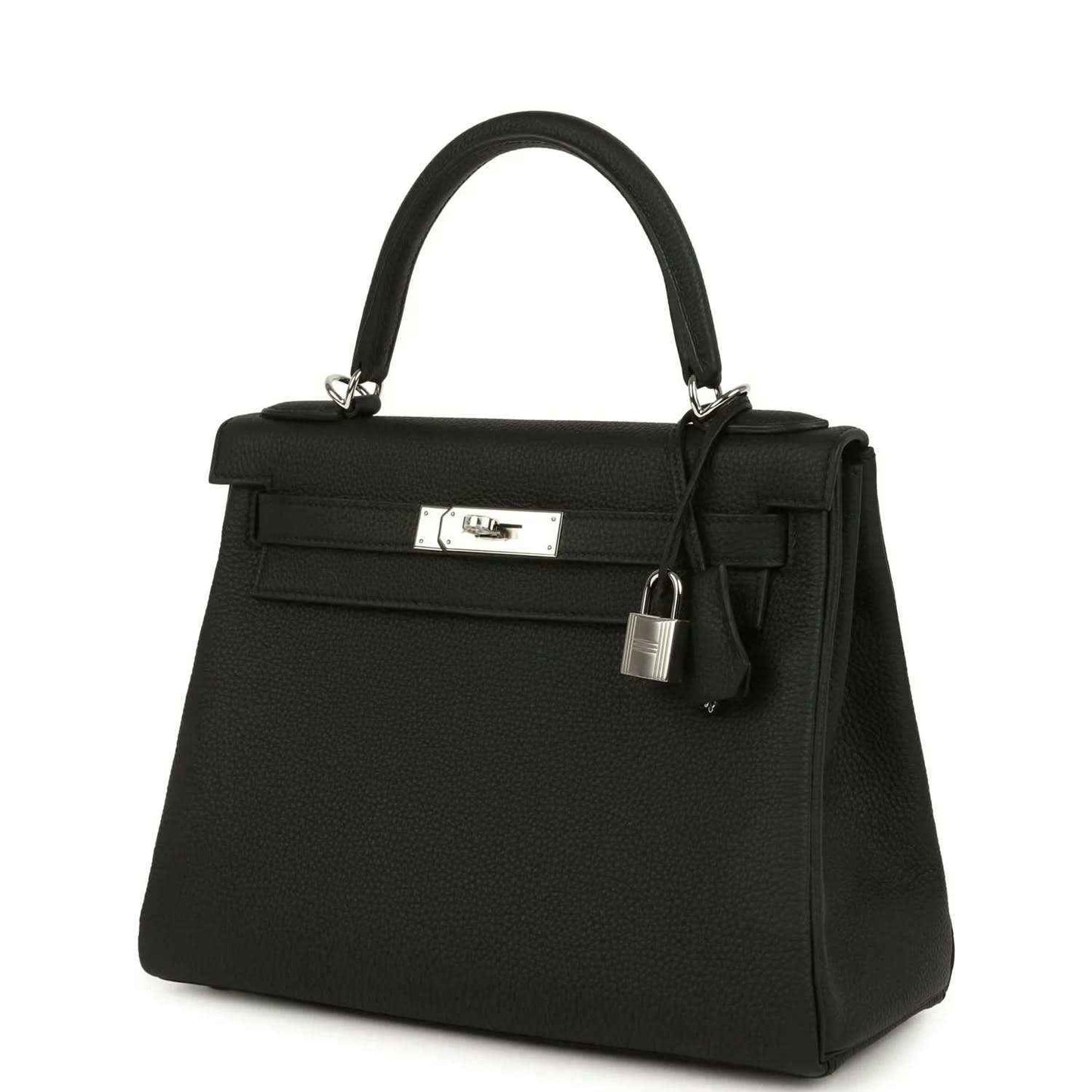 Black Togo leather Kelly bag with front strap, clasp plate, and padlock