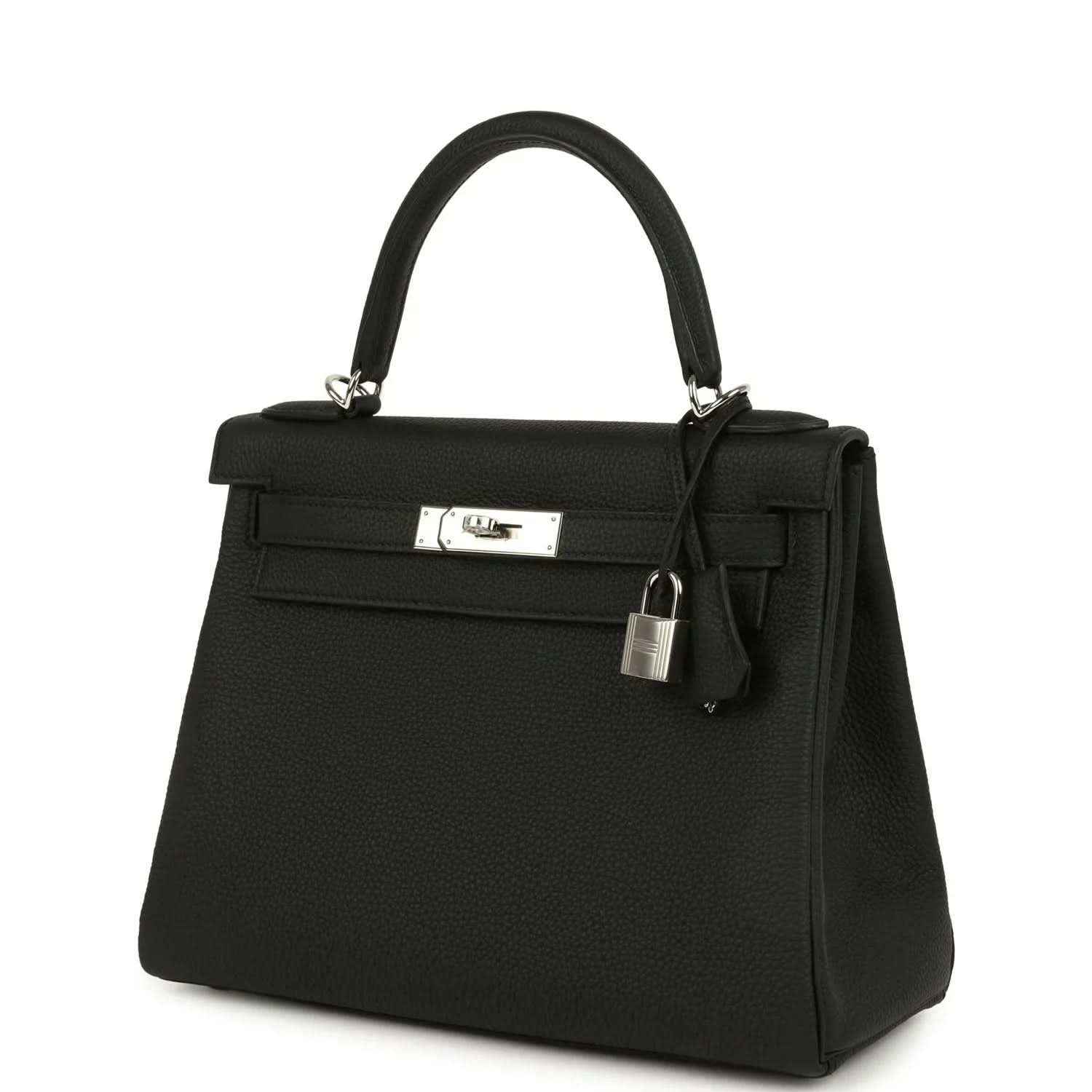 Black Togo leather Kelly bag with front strap, clasp plate, and padlock
