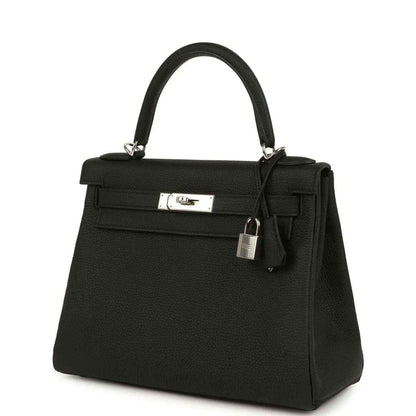Black Togo leather Kelly bag with front strap, clasp plate, and padlock