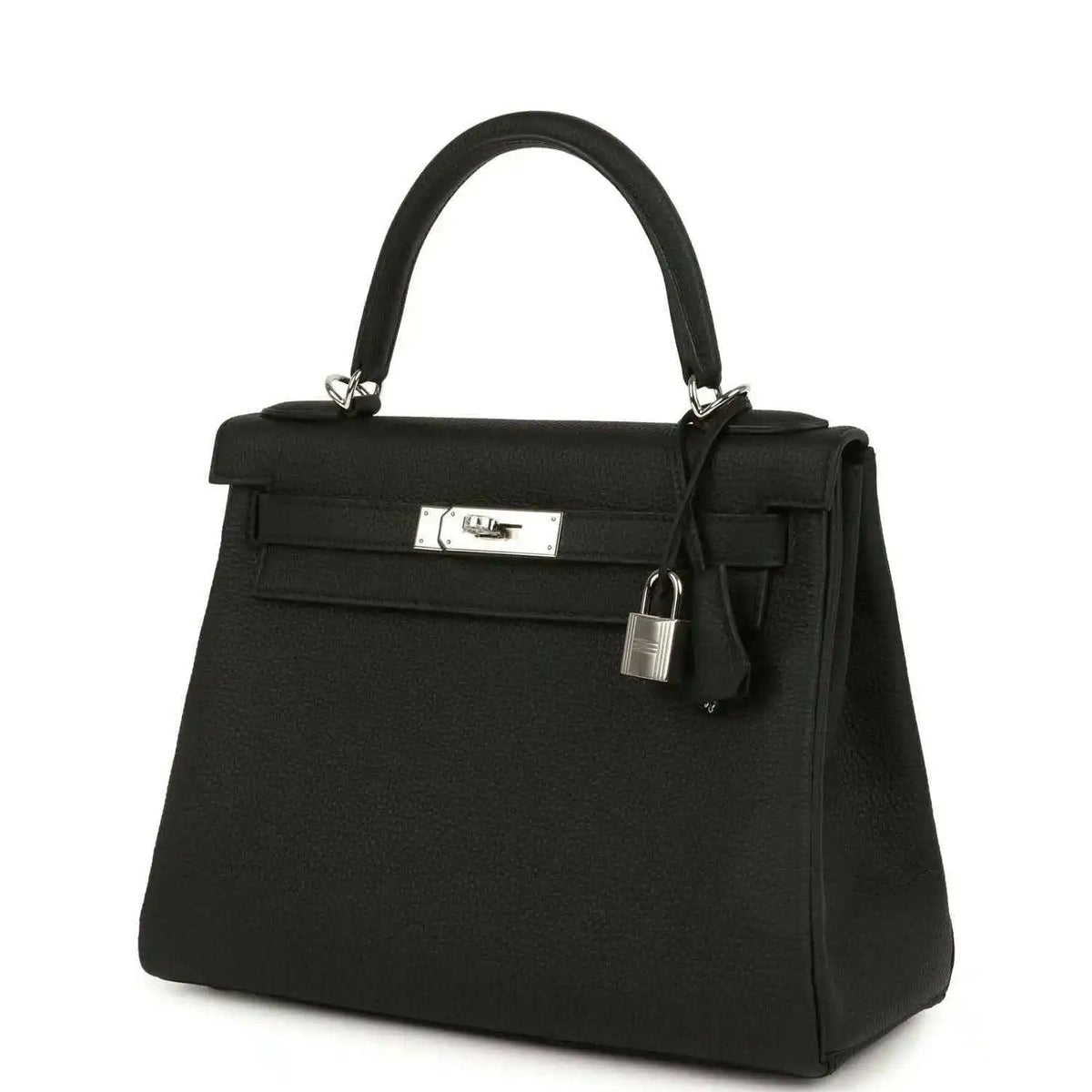 Black Togo leather Kelly bag with front strap, clasp plate, and padlock