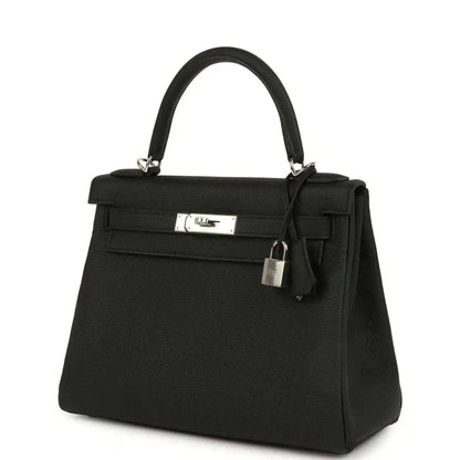 Black Togo leather Kelly bag with front strap, clasp plate, and padlock