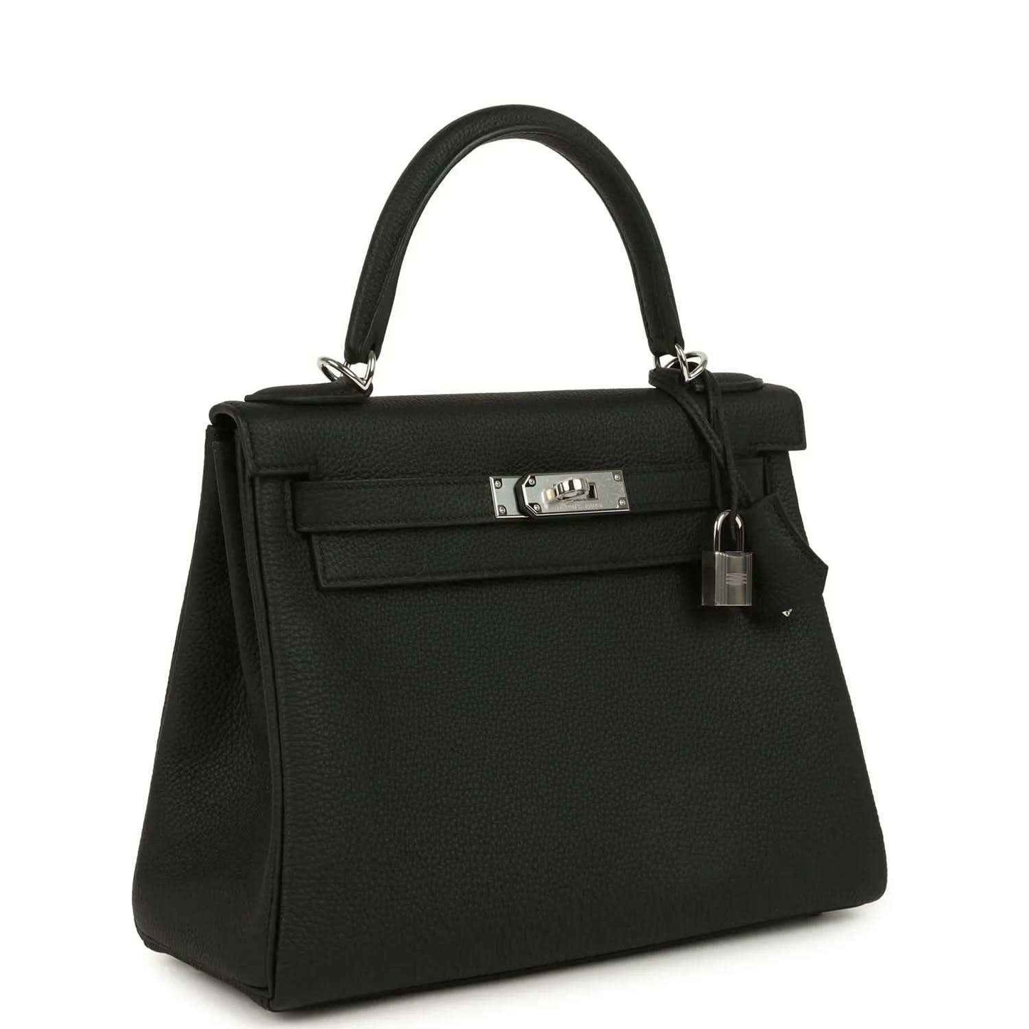 Black Togo leather Kelly bag with front clasp, shoulder handles, and hanging lock
