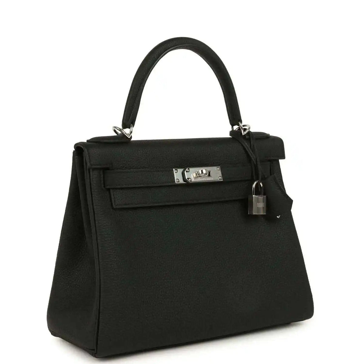 Black Togo leather Kelly bag with front clasp, shoulder handles, and hanging lock