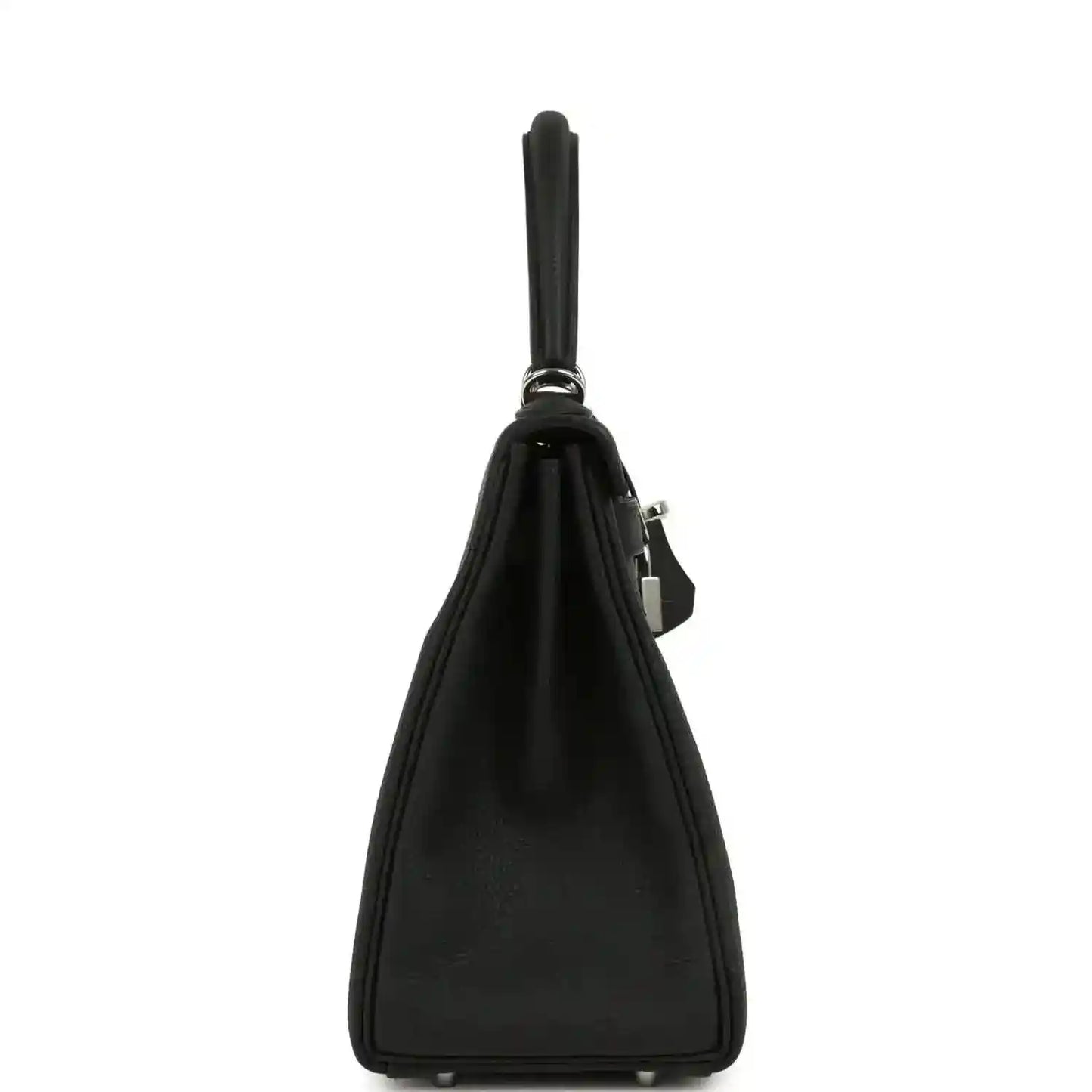 Black Togo leather Kelly bag side view with top handle and lock detail