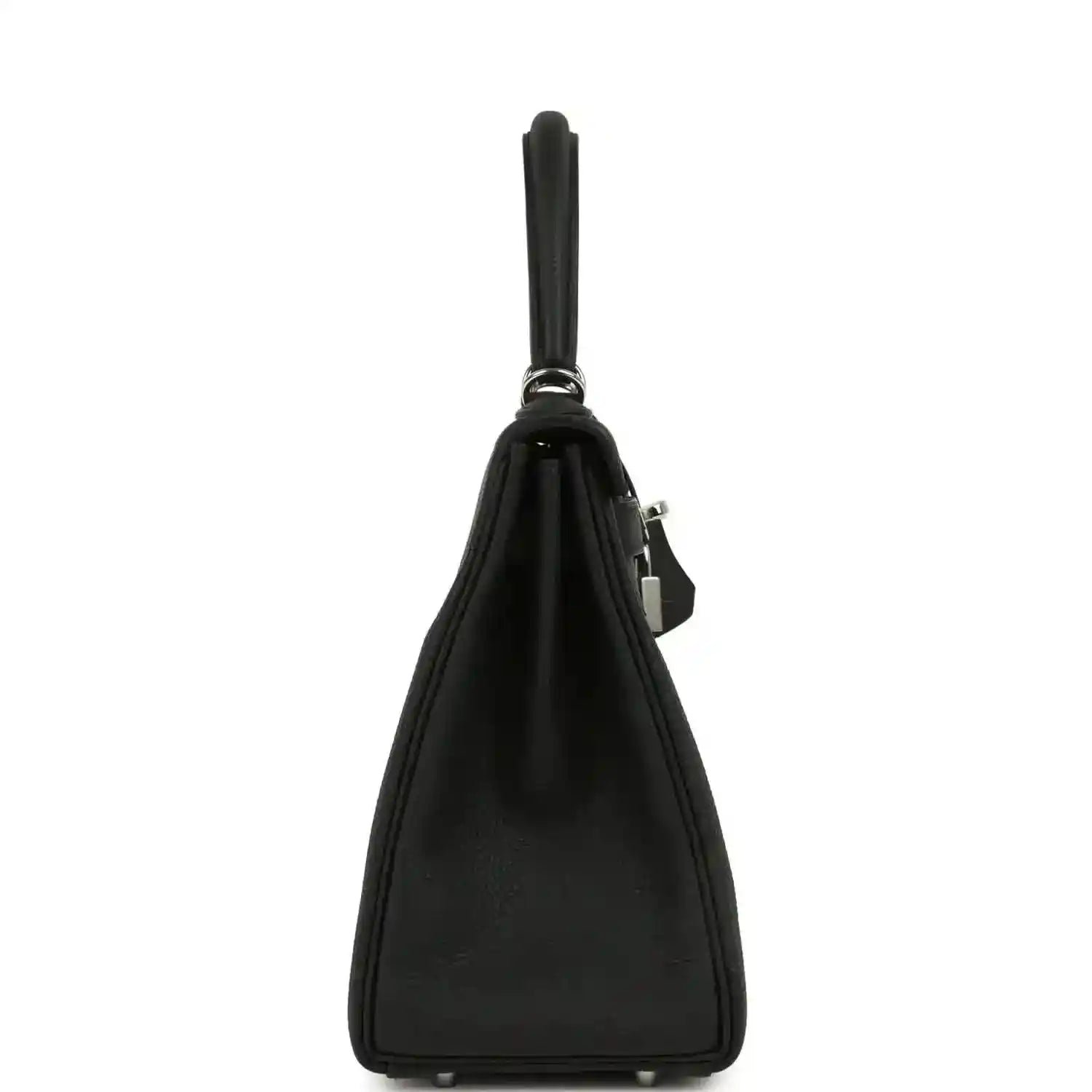 Black Togo leather Kelly bag side view with top handle and lock detail