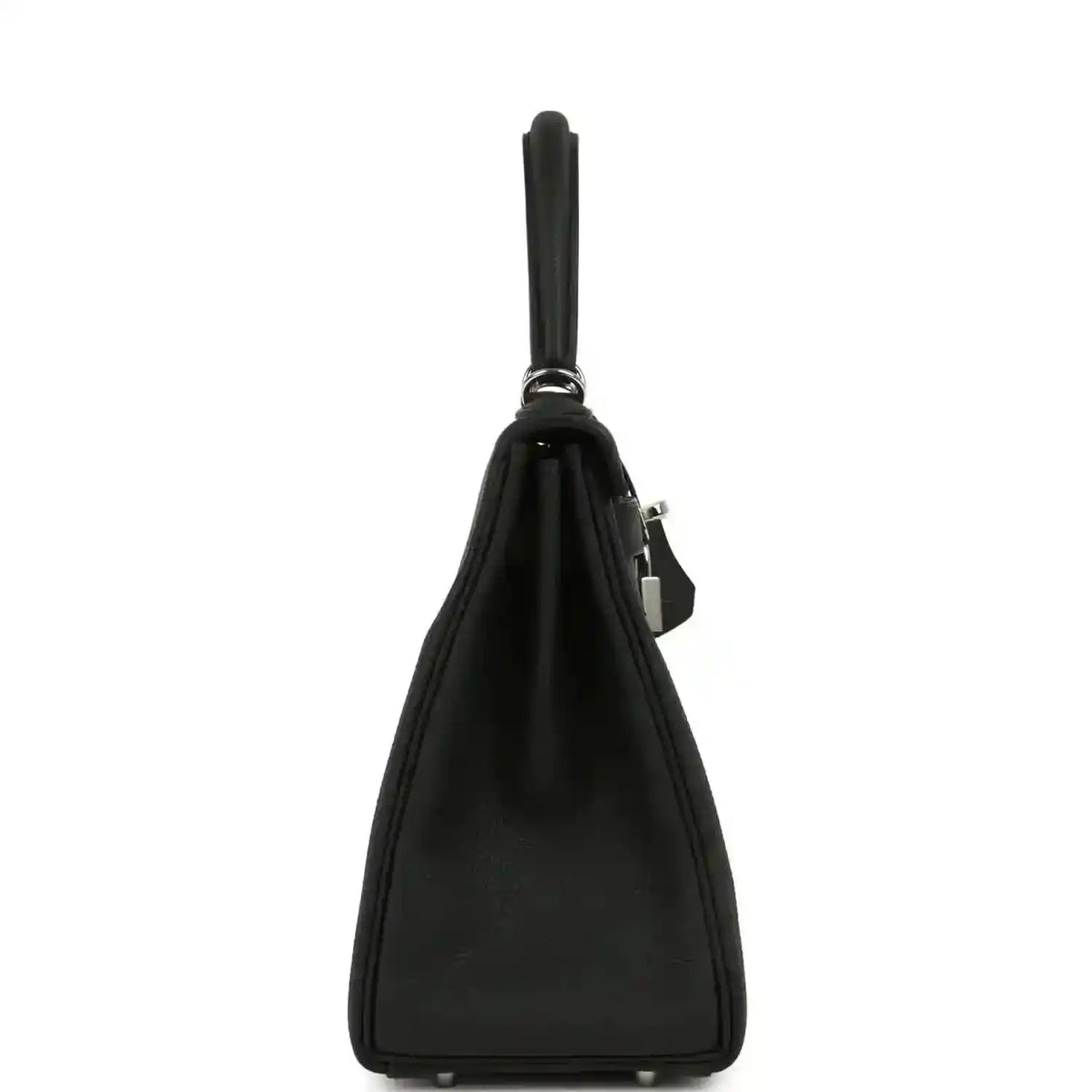 Black Togo leather Kelly bag side view with top handle and lock detail