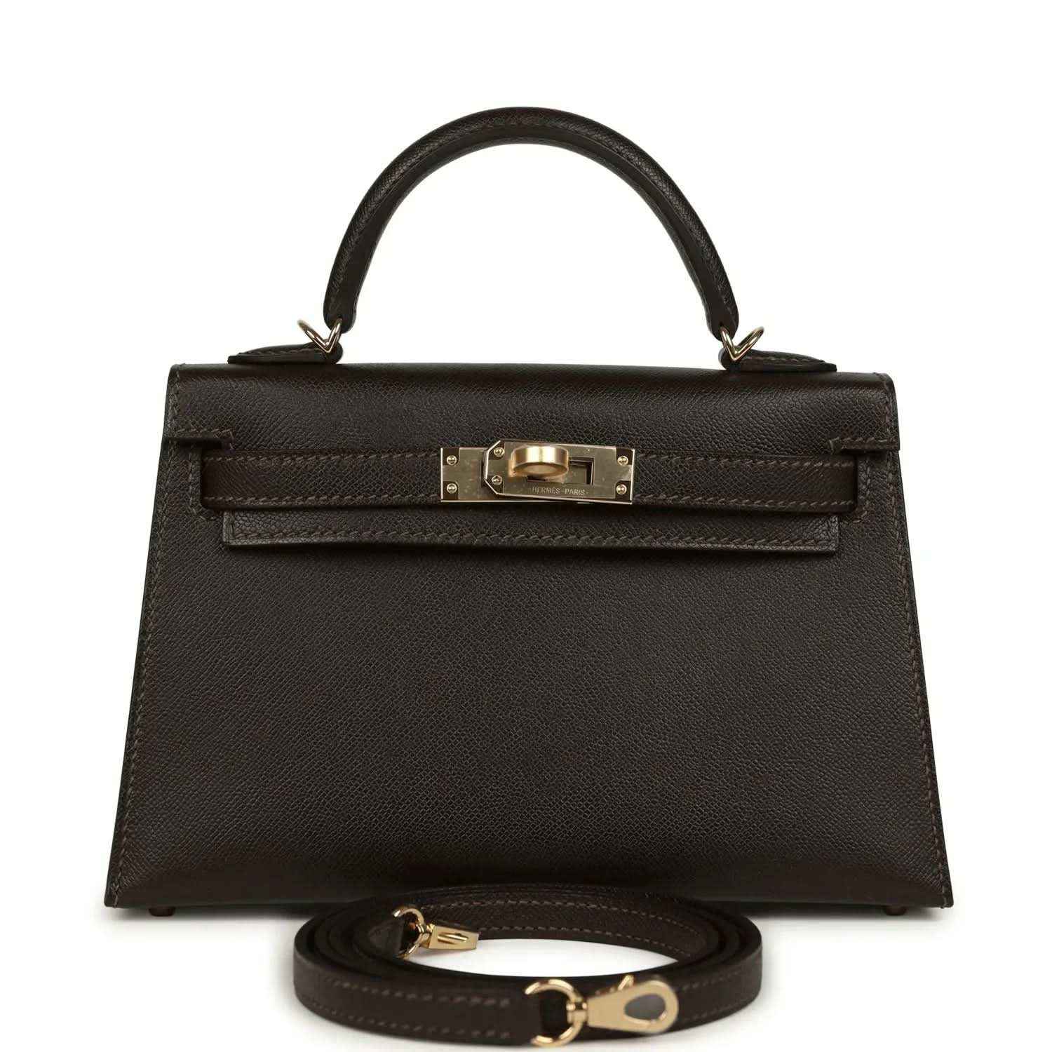 Dark leather mini top-handle bag with gold-tone turn-lock front and strap