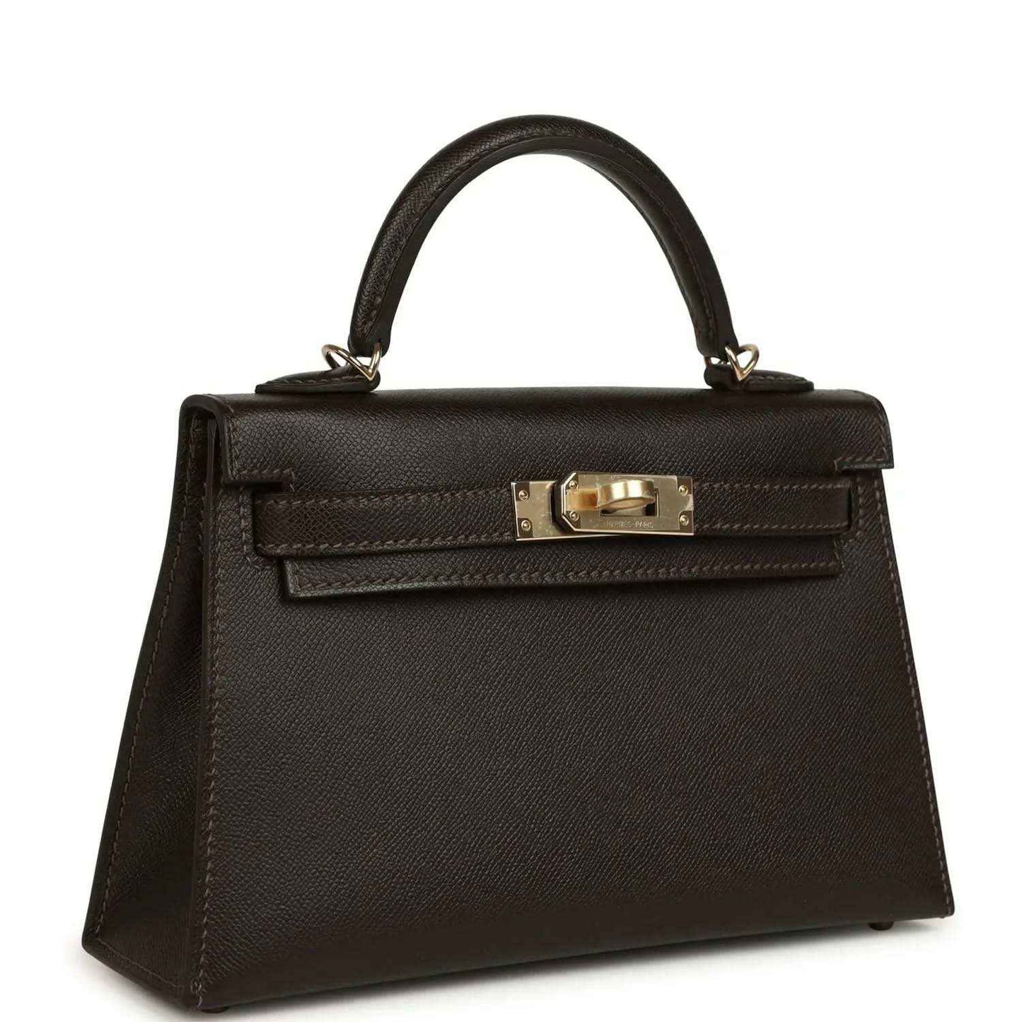 Dark leather mini top-handle bag with gold-tone front clasp and curved handles