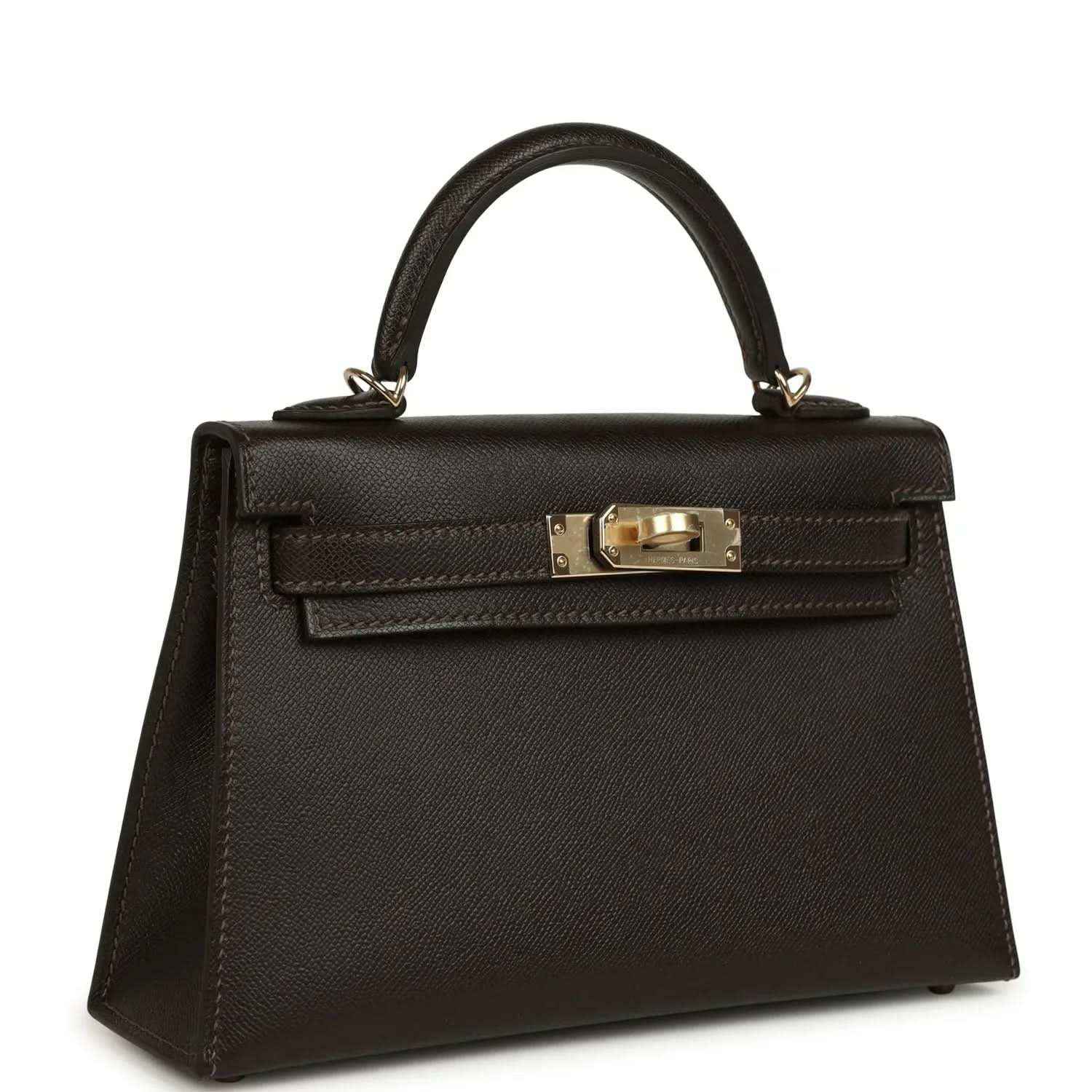 Dark leather mini top-handle bag with gold-tone front clasp and curved handles