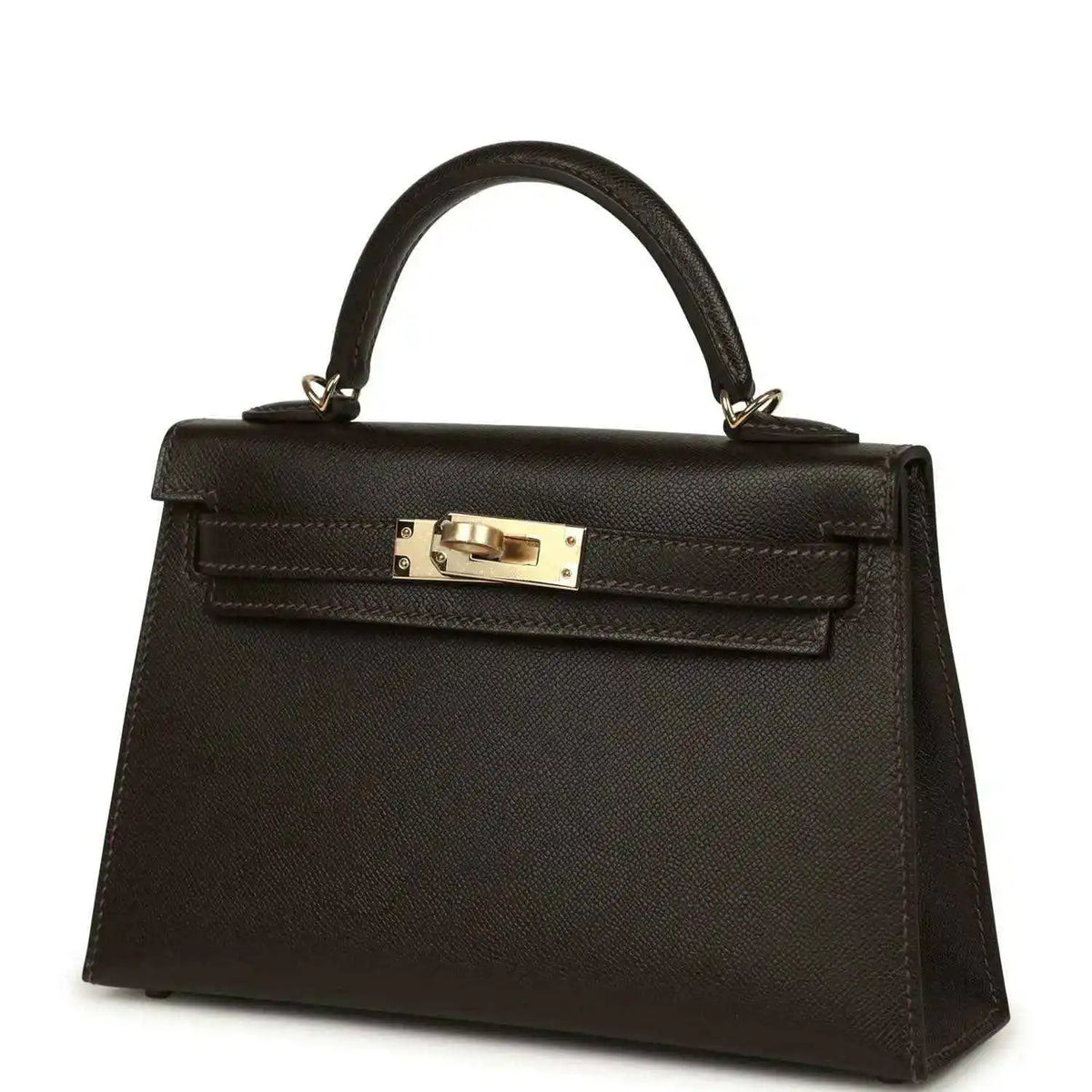 Dark leather mini top-handle bag with gold-tone turn-lock clasp on front flap
